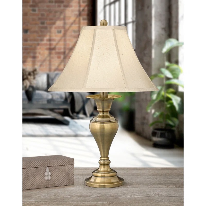 Dover 29” Polished Steel Antique Table Lamps in Satin Brass Finish, 2 Lamps Total 150 Watt A21 Bulbs Recommended, 3 Way Switch, 110 V. Lamp shades sold separately. 29” H x 17” W x 17” D