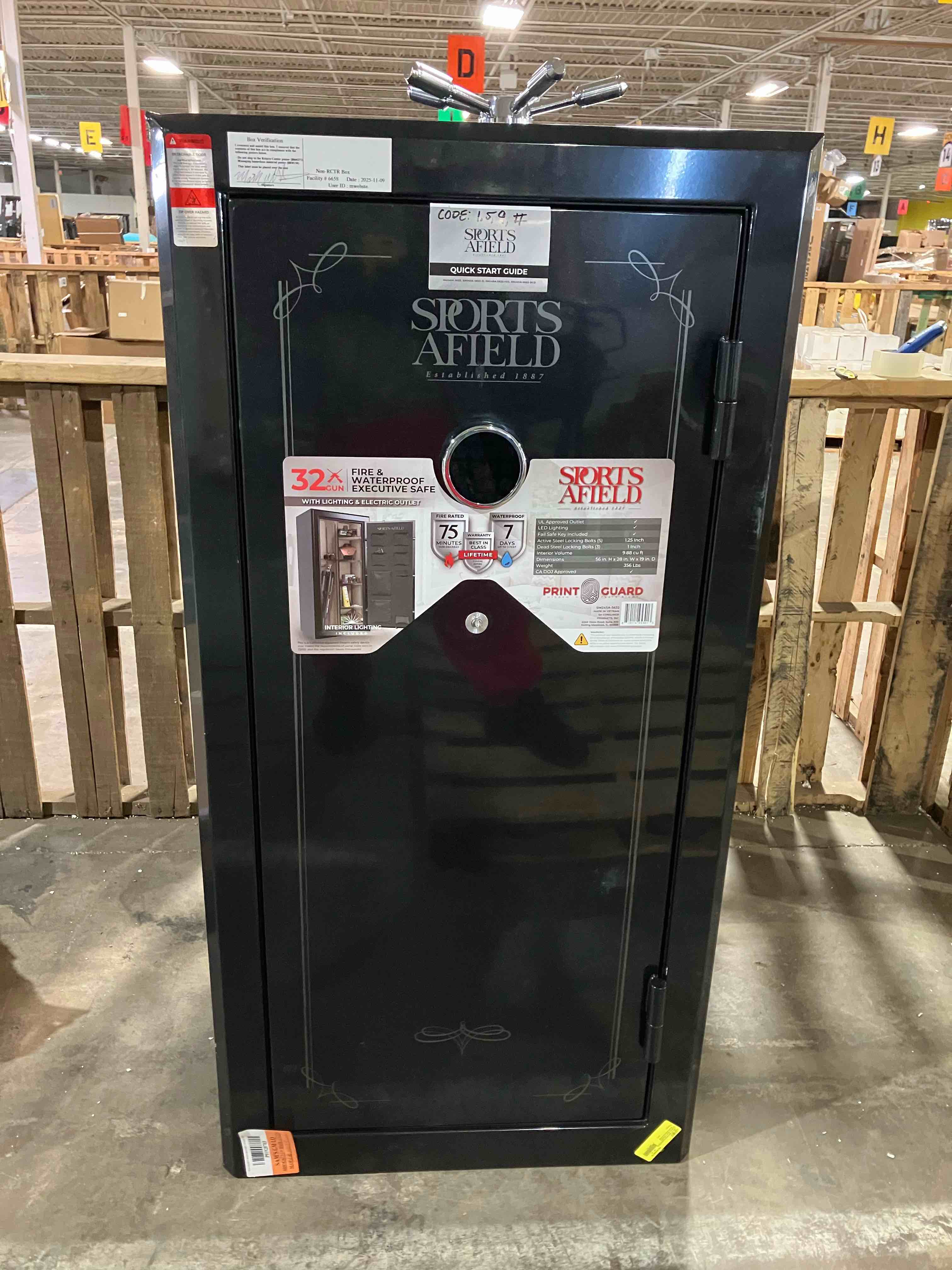 Condition photo showing As Is for Sports Afield 32-Gun Fireproof and Waterproof Safe with Electronic Lock - 5 spoke handle severed off, door will not open.