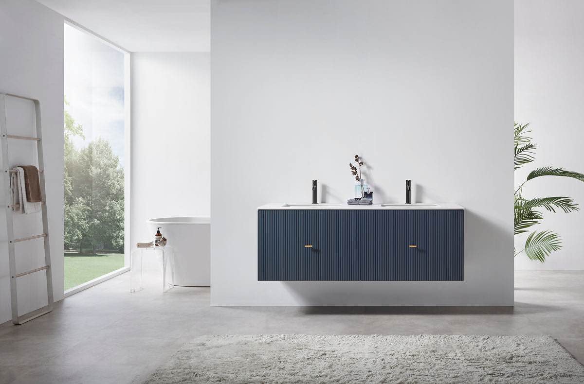 Barcelona 60” Modern Dark Blue Wall Mounted Bathroom Vanity with 2 Fluted Doors, 2 Gold Knobs. Sink top sold separately. 59.06"W x 20.87"D x 20.94"H