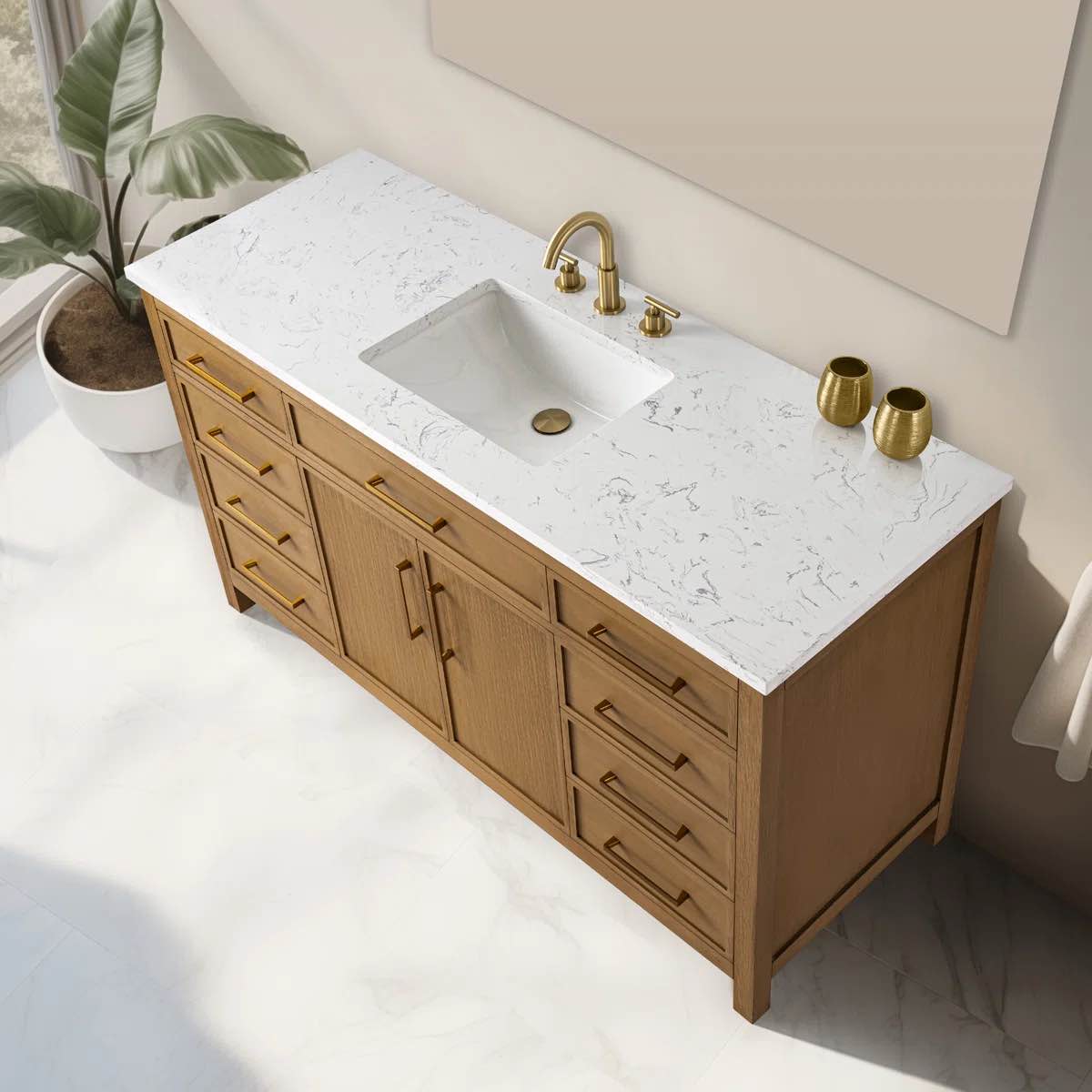 Reajean 60" Poplar Wood Single Bathroom Vanity, 6 Soft Close Drawers, Single Shelf Cabinet, 1 False Drawer, Bronze Brushed Handles and White Carrara Marble Sink Top. 34'' H X 60'' W X 22'' D