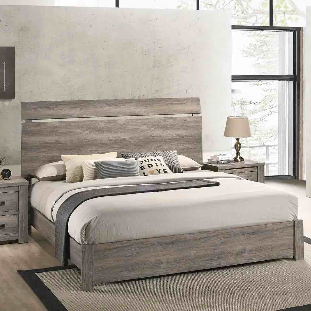 Teme Standard King Size Bed in Whitewashed Grey with Curved Headboard. Side rails will need to be purchased through round hill furniture directly. 54.53'' H X 81.69'' W X 88.43'' L. HB+FB in brand new condition