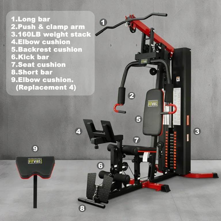 FlexWave LX770 Multifunctional Full Home Gym System Workout Station with 160 Lbs Weight Stack, One Station with Leg Training Pedal. 1 of 3 Boxes of weight plates need replaced, gently used, some scratching/marks along metal no significant damage. Weights can be replaced through sites such as Amazon. 