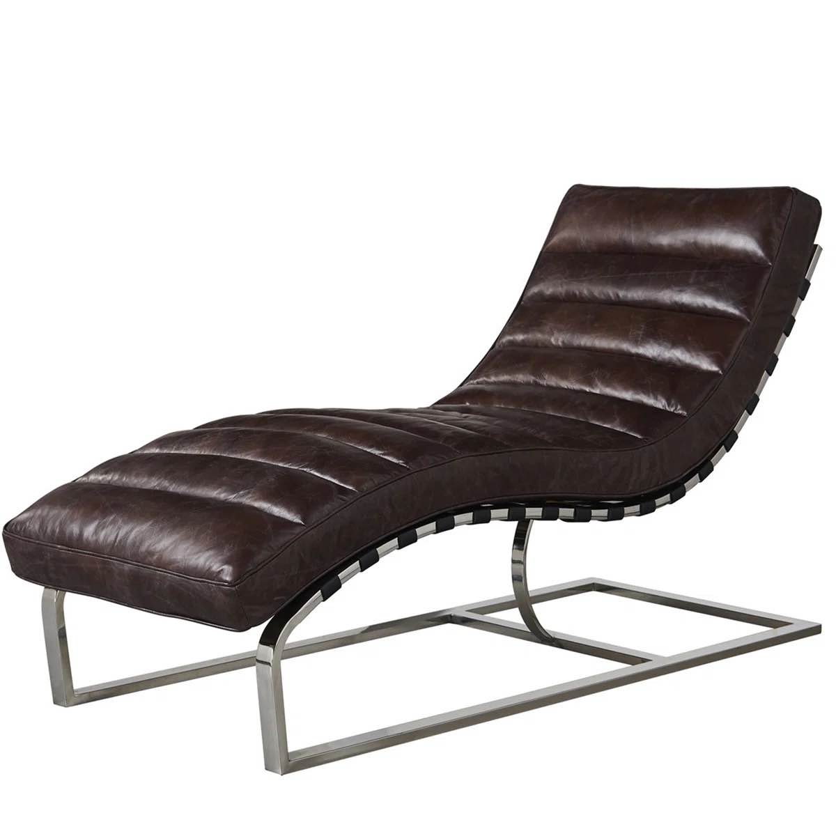 Nobutaka Genuine Italian Leather Roll Tufted Chaise Lounge in Slate Brown with Chrome Metal Leg Base. 31'' H X 59'' W X 59'' L