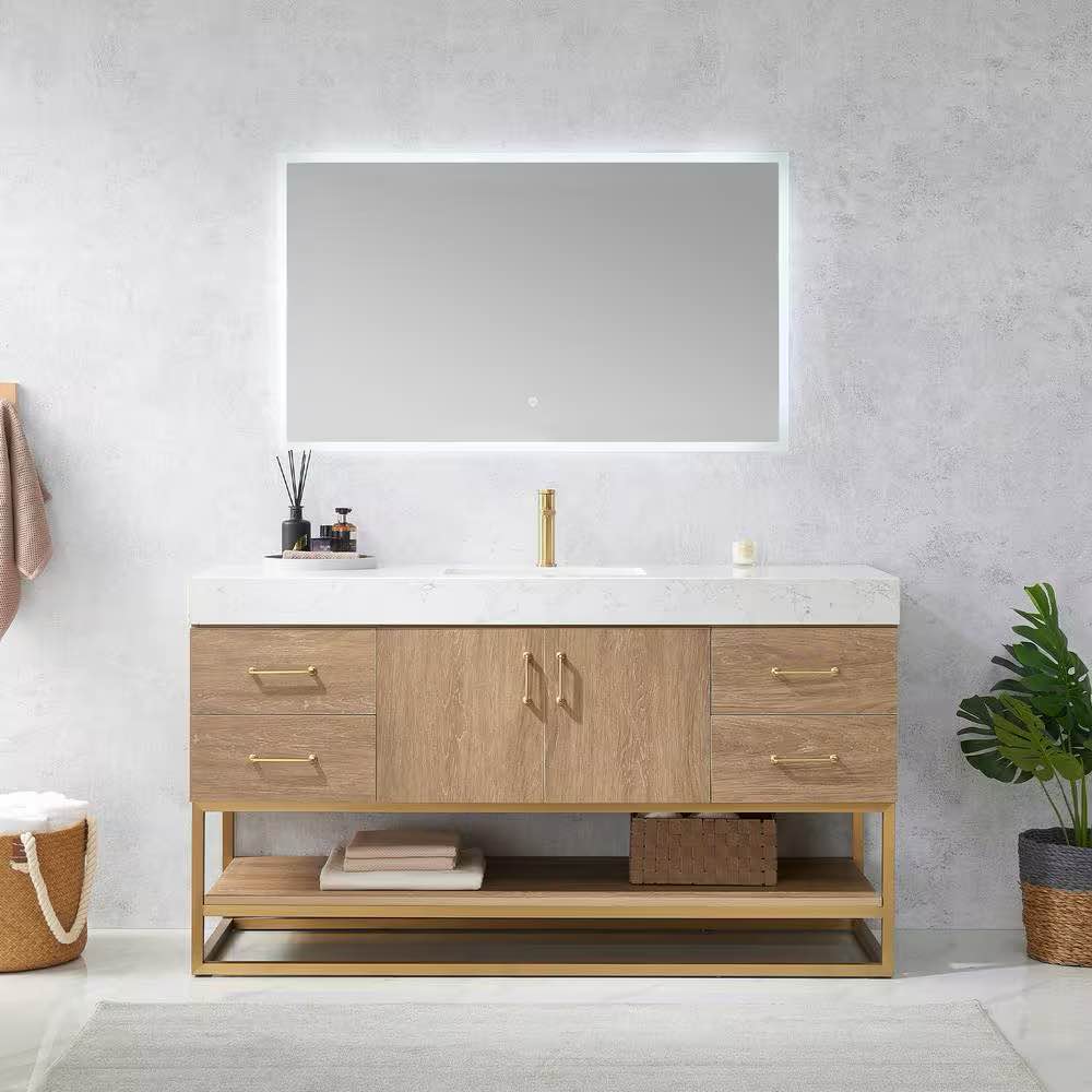 Alistair 60 in. Single Bath Vanity in North American Oak with Grain Stone Top in White. Open Base Shelf, and Gold Brushed Metal Frame + Handles. 4 Soft Close Drawers, 1 Open Space Cabinet. Product Depth (in.) 22 in Product Height (in.) 33.9 in Product Width (in.) 60 in