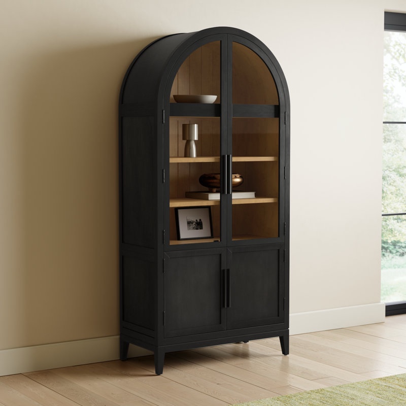 Anetta Black Wooden Bookcase with Glass Doors, Base Cabinet, and 3 Shelves. Black Metal Handles, 38” W x 19” D x 80” H 