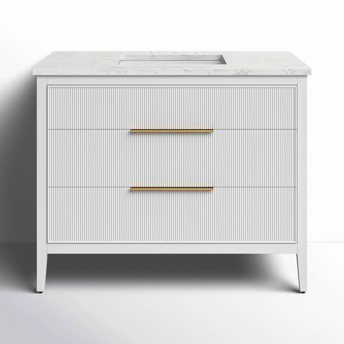 Bilroy Egremt 42'' White Pinewood Single Bathroom Vanity with Arabescato Stone Top, 2 Fluted Drawers with Gold Brushed Handles. 34'' H X 42'' W X 22'' D