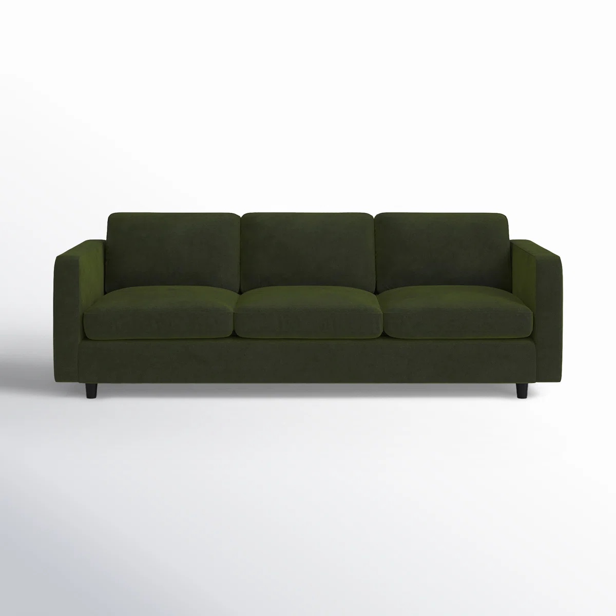 Condition photo showing New/Like New for fleetwood 100'' green velvet upholstered 3 seat sofa with black legs and thick cushioning. 33.86'' h x 98.82'' w x 41.73'' d