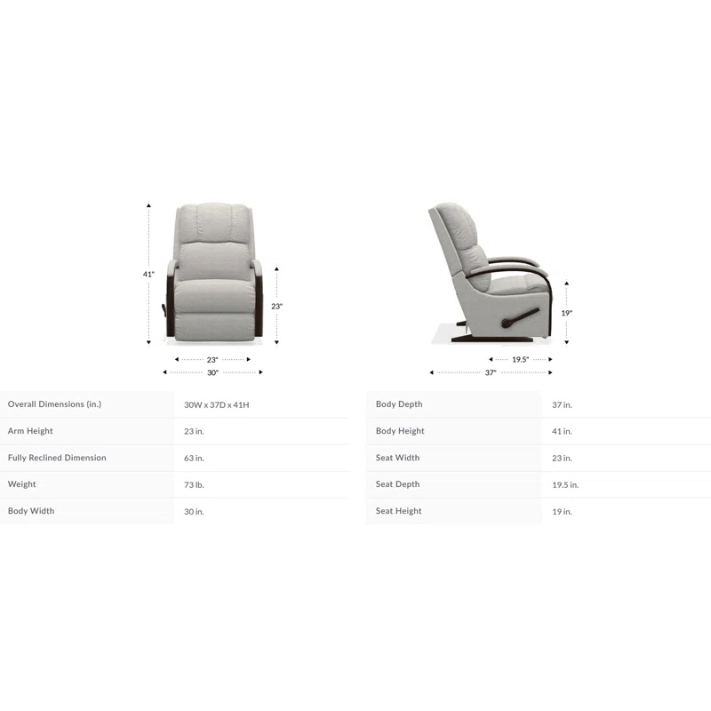 Condition photo showing New/Like New for harbor town manual rocking recliner in frosted grey and brown wood leg base + frame, 41'' h x 30'' w x 37'' d