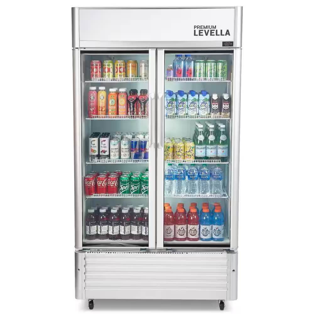 Premium Levella 16.0 cu. ft. Commercial Upright Display Refrigerator 2-Glass Door Beverage Cooler in Silver. Needs deep clean, some denting on side, runs perfectly. Product Depth (in.) 22.83 in Product Height (in.) 73.11 in Product Width (in.) 35.43 in