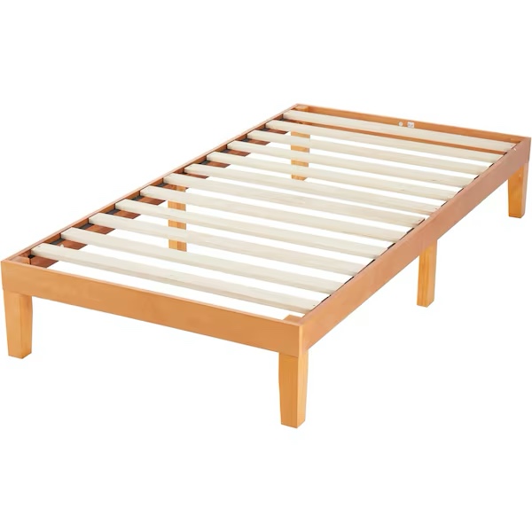Twin Size Wood Bed Frame, 12 Inch Wooden Platform Bed with Support Slats, Natural Pine