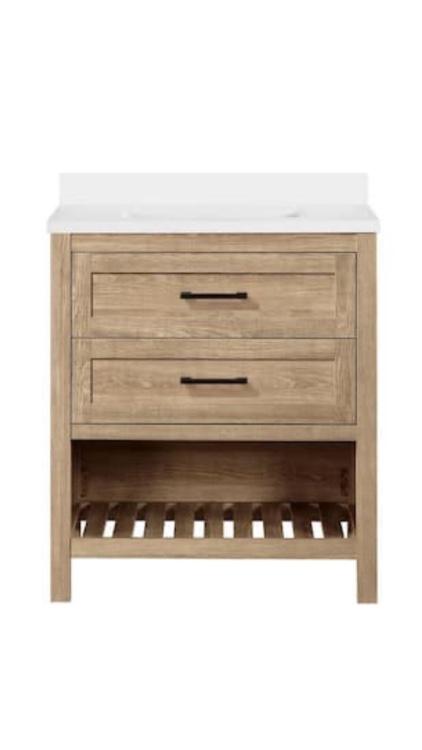 Home Decorators Collection Autumn 30 in. W x 19 in. D x 34.5 in. H Single Sink Bath Vanity in Weathered Tan with White Engineered Stone Top - (As is because sink is broken, and wooden bottom support/shelf is broken, both pictured) both cazn be repaired with a little tlc