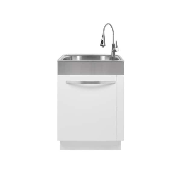 Glacier Bay 24 in. W x 21 in. D x 34 in. L Stainless Steel Apron-Front Laundry/Utility Sink with Faucet and Cabinet in White