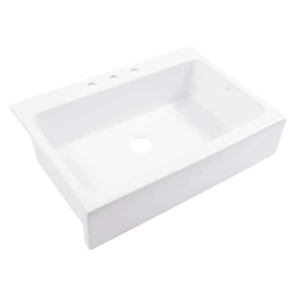 Josephine 34 in. 3-Hole Quick-Fit Farmhouse Apron Front Drop-in Single Bowl Crisp White Fireclay Kitchen Sink - (As is because the front left bottom corner of the sink is broken, pictured)