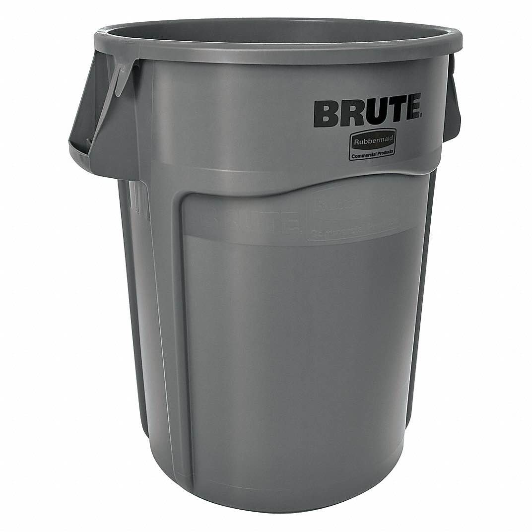 RUBBERMAID COMMERCIAL PRODUCTS Trash Can: Round, 44 gal Capacity, 24 in Overall Dia, 24 in, Gray - (Good condition because of scuffs and scrapes along sides of trash can)