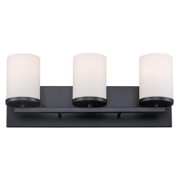 Bel Air Lighting Cornerstone 20 in. 3-Light Black Bathroom Vanity Light Fixture with Frosted Glass Shades