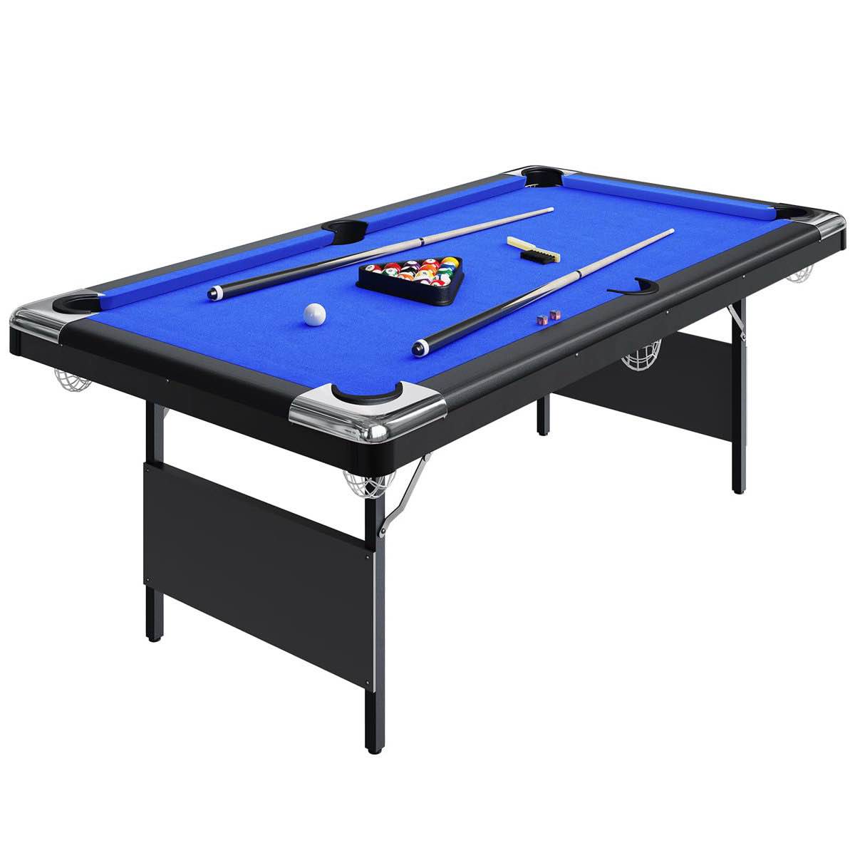 Condition photo showing New/Like New for 6-7 ft Folding Pool Table for Adults Includes Balls, Cues, Chalks & Brush, table is missing 12 screws-can be purchased at any hardware store, 32" H x 84" L x 44" W