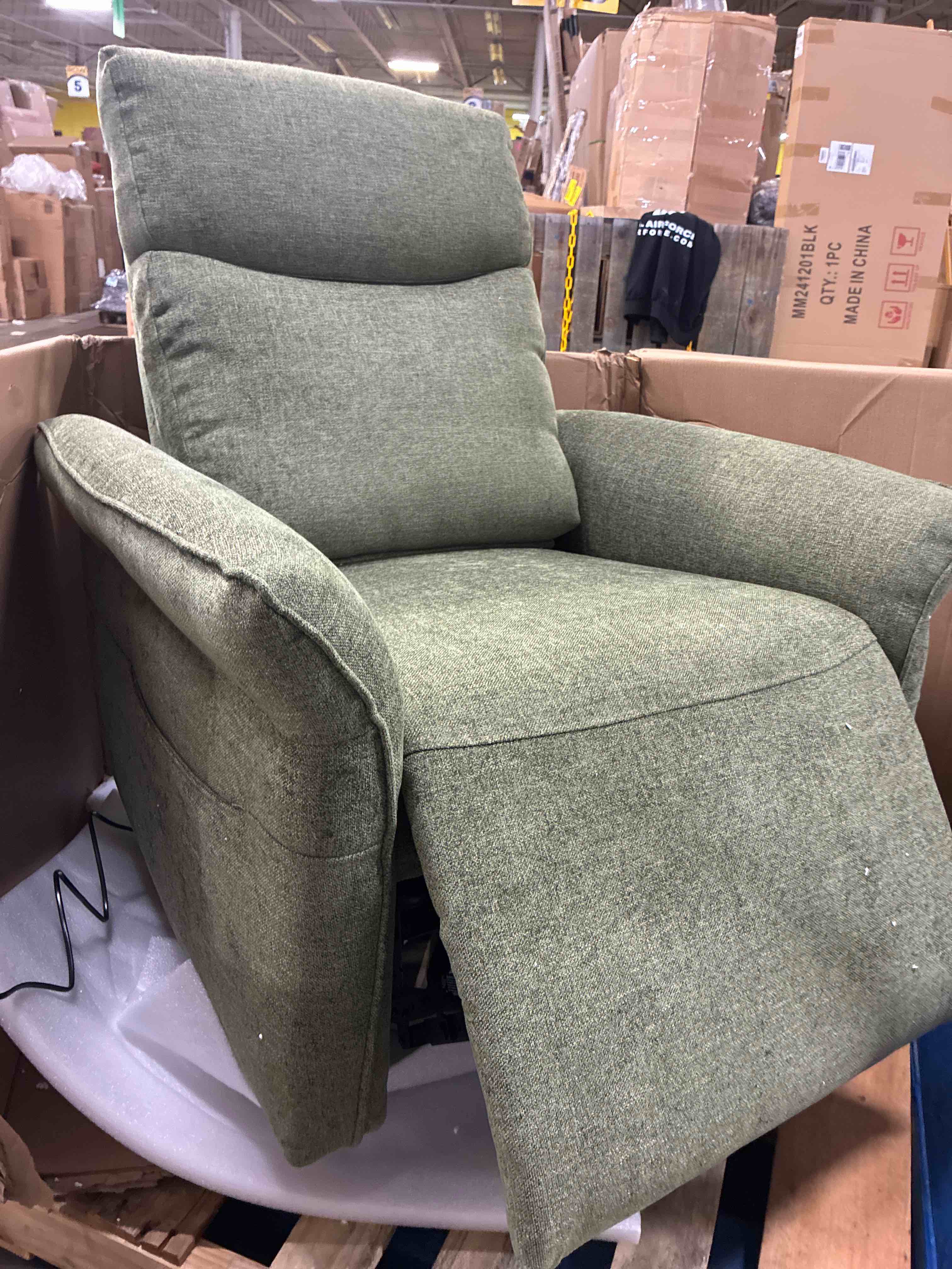 Condition photo showing New/Like New for Isla Green Fabric Triple-Motor 270° Swivel Power Nursery Gliding Recliner with Power Headrest, Natural Wood Support, and Side Pockets.