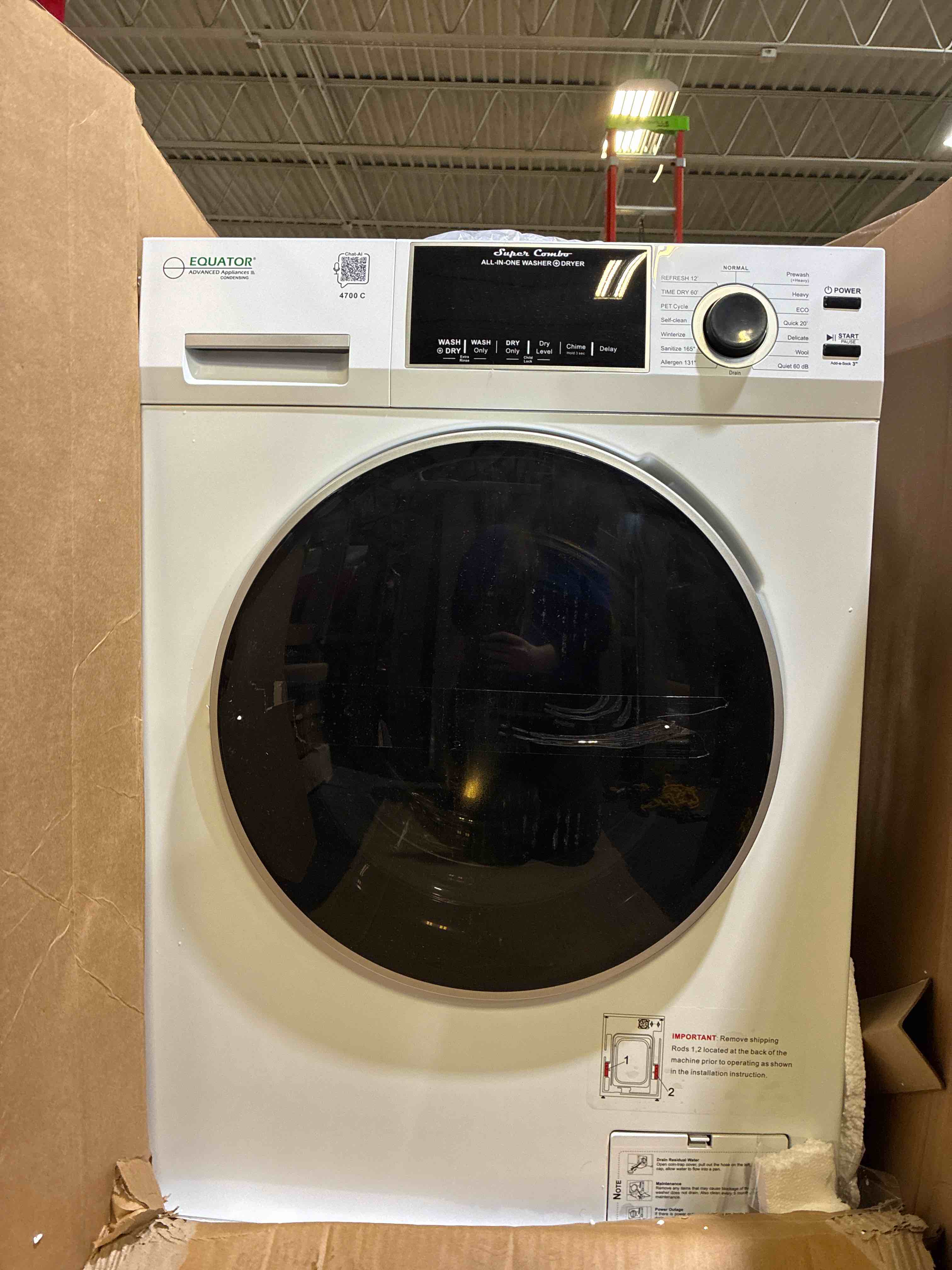 Condition photo showing Good Condition for Equator EZ4700CW 24 inch Ventless Front Load Washer and Electric Dryer Combo with 1.62 cu. ft. Capacity, Zero Clearance, Sanitize Cycle, Electronic Control Panel (White), Gently used, otherwise pristine condition. 33.5" x 23.6" x 21.8"