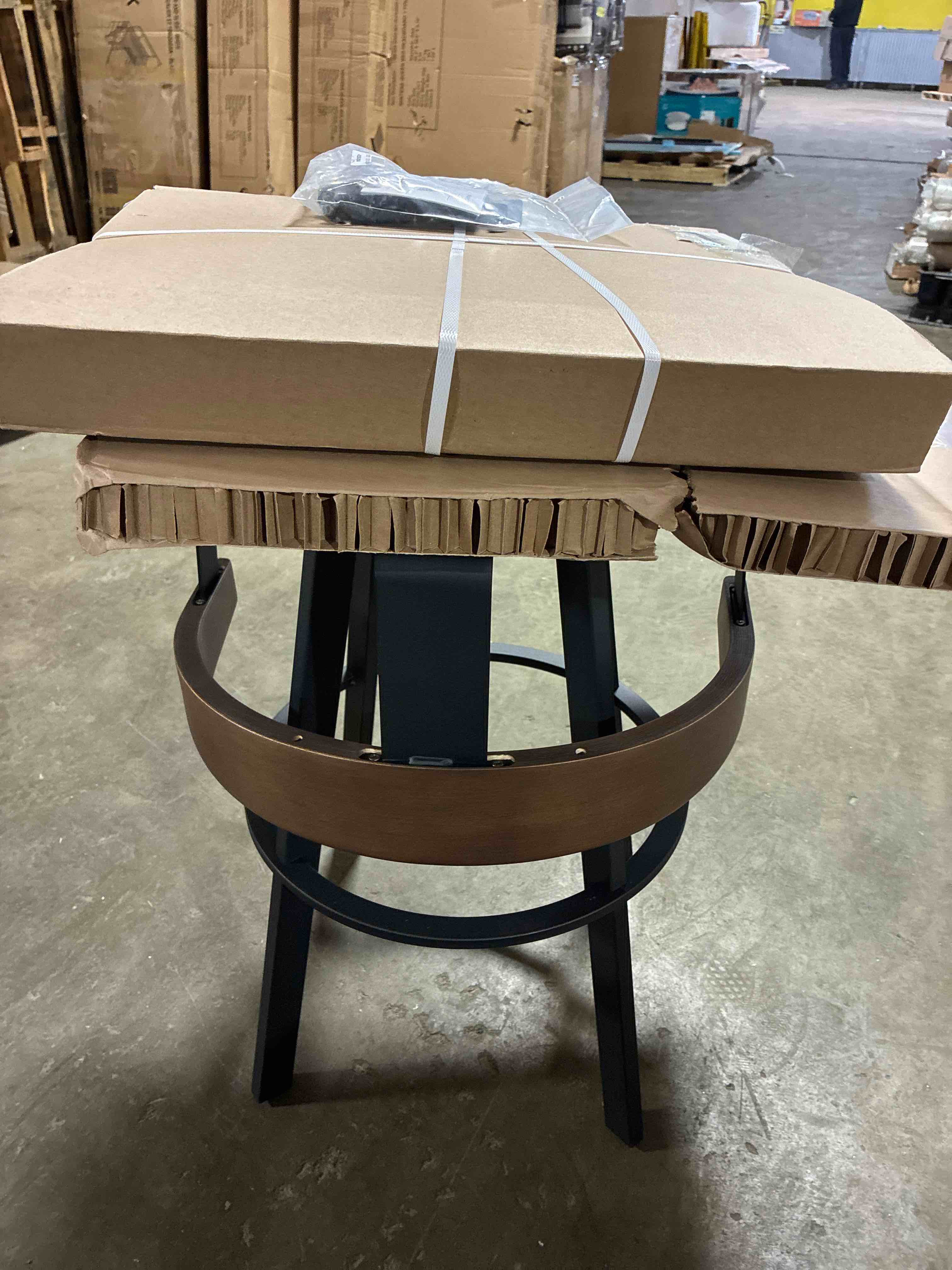 Condition photo showing New/Like New for Amisco Lars Swivel Counter Bar Stool Chair with Walnut Wooden Backrest and Cream Boucle Cushion, Counter Height