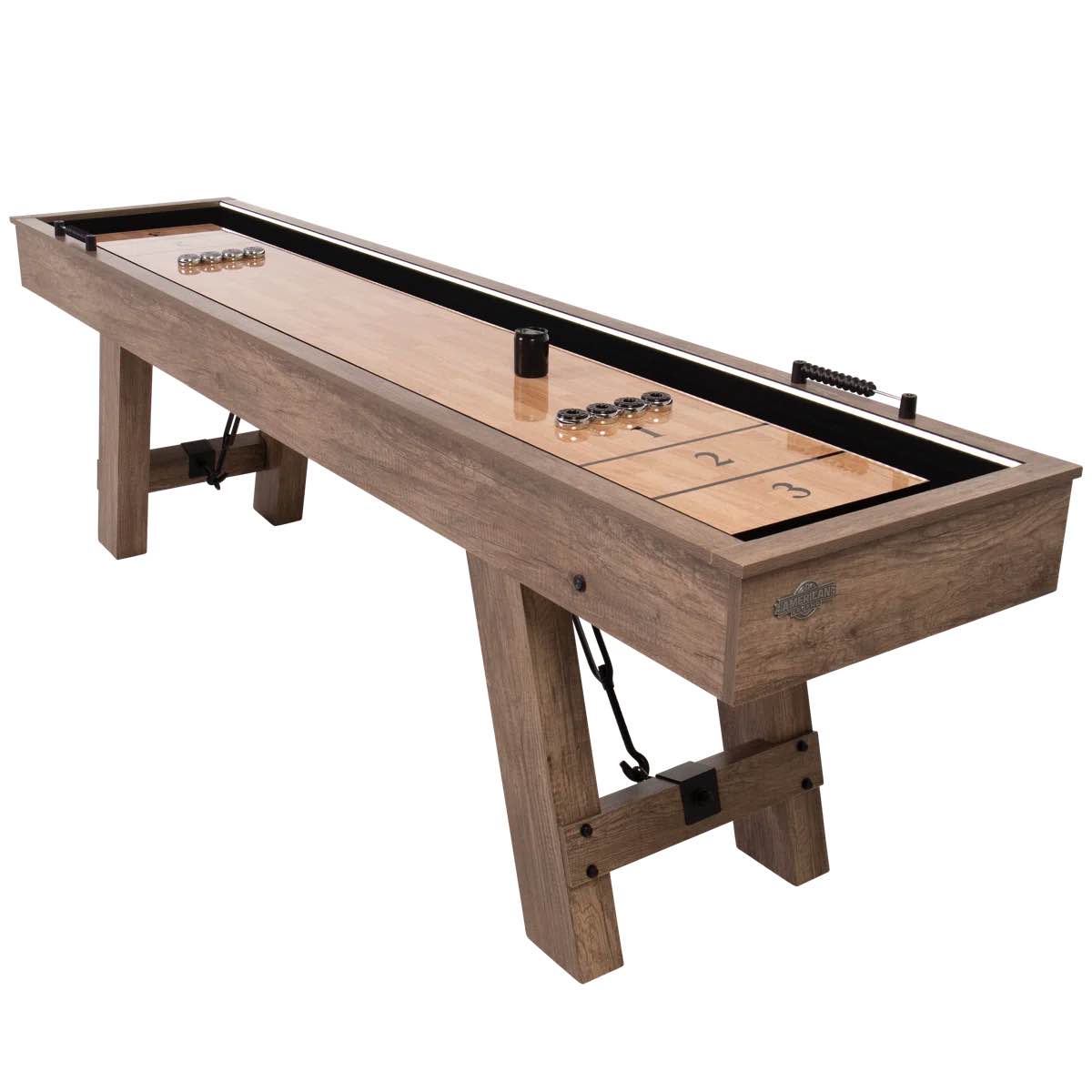 Condition photo showing New/Like New for American Legend Brookdale 9 LED Light Up Shuffleboard Table with Mini Bowling in Rustic Wooden Frame. 32'' H X 24'' W X 108'' L