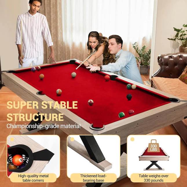 Condition photo showing New/Like New for Garvee 84 Inch Pool Table- Billiard Table with 2 Cue Sticks- Billiard Balls- Cues- Cleaning Brush- X-Legs- Black Cloth- 84Inch L x 46.5Inch W x 32.7Inch H-Red