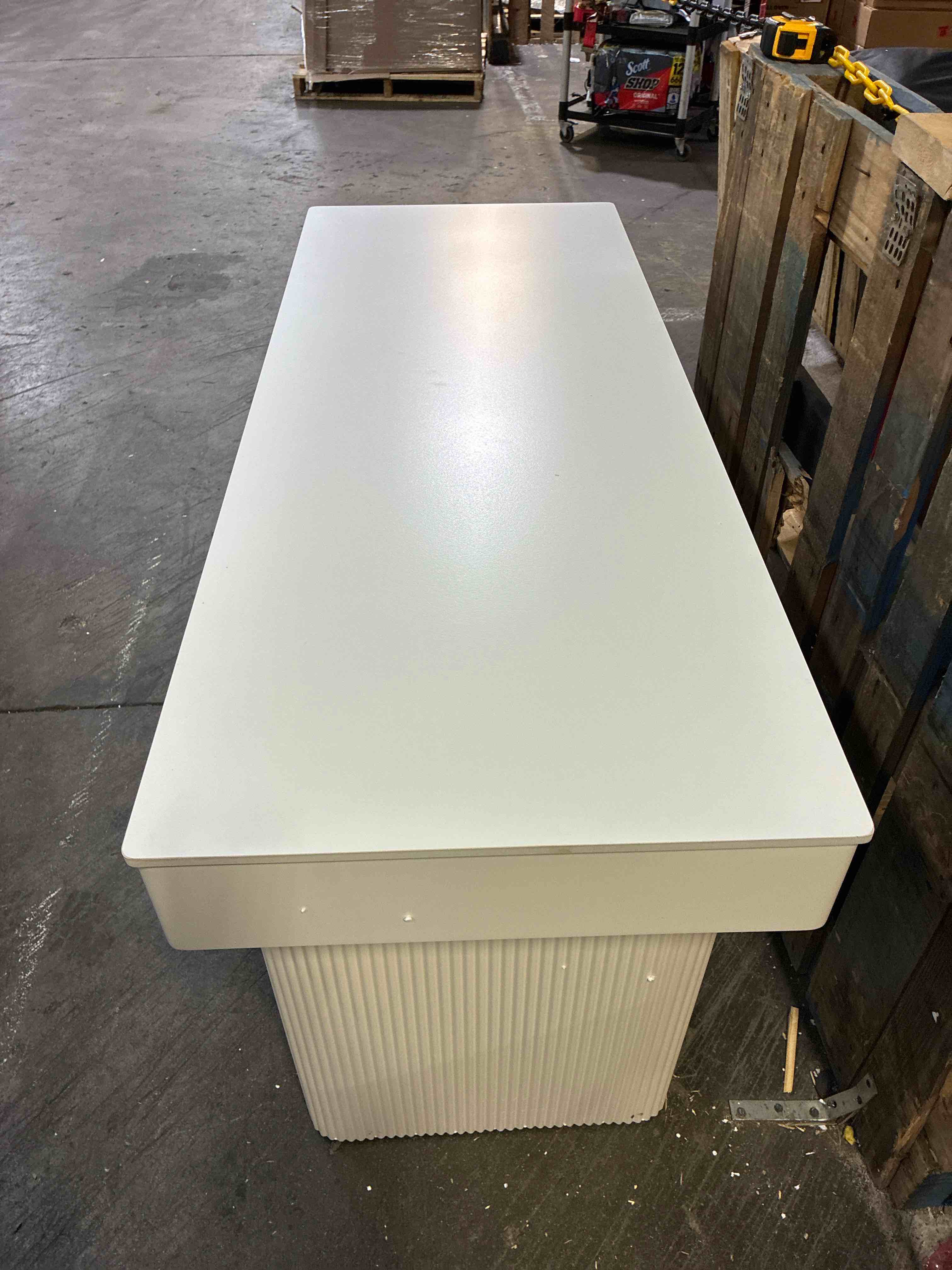 Condition photo showing New/Like New for White Modern 2 Drawer Writing Desk with Fluted Aluminum Legs. 55” L x 22” D x 29” H