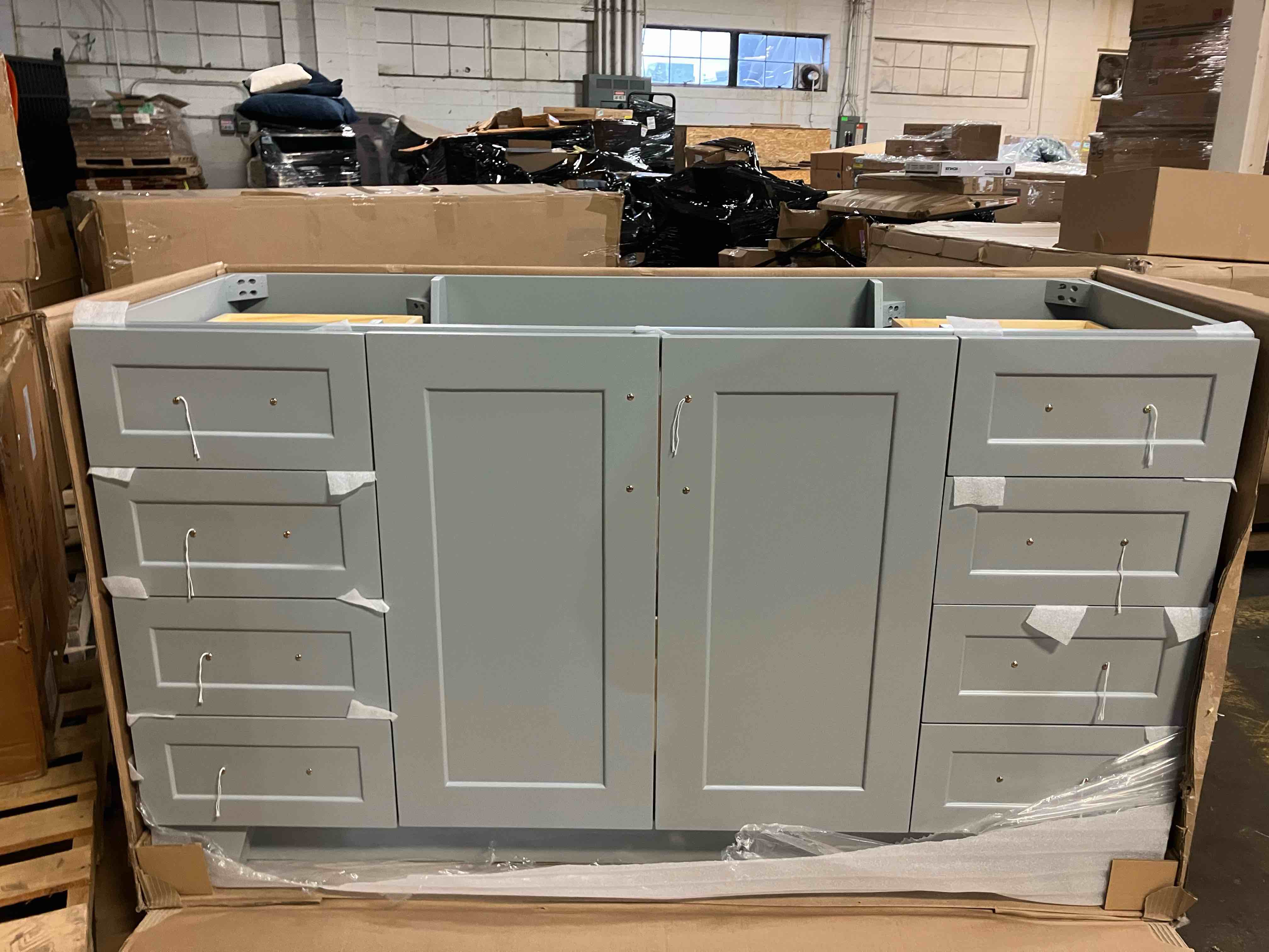 Condition photo showing New/Like New for Nobe 60'' Solid Wood Single Bathroom Vanity with 0.75'' Carrara Marble Top - Item is vanity and sink only, marble top sold separately)