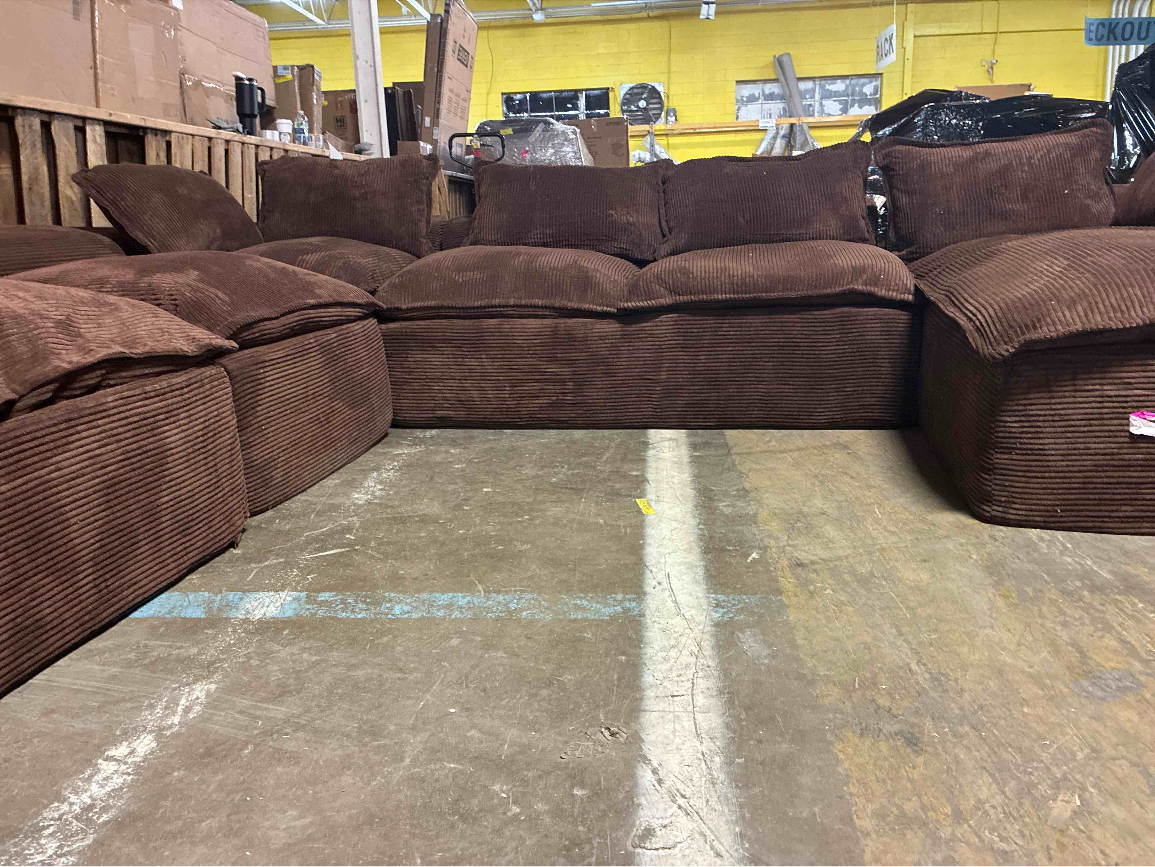 Condition photo showing New/Like New for Vesgantti 141.7" Oversized Boneless Sectional Couch, Modern 7 Seater Modular Sofa with Chaise & Ottoman, Deep Seat Corduroy Cloud Couches for Living Room, No Assembly Required, Dark Brown