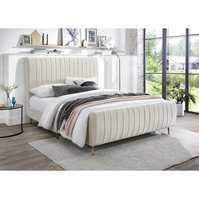 Condition photo showing Good Condition for Summersville Full Size White Velvet Line Tufted Low Profile Platform Bed. Gold legs not included can be purchased through bed bath and beyond and other sellers for under $60.