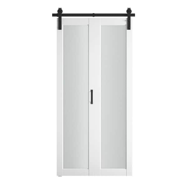 30 in. x 84 in. 1-Lite Frosted Glass PVC Finished White MDF Bi-Fold Sliding Barn Door with Hardware Kit, J-Shape Hanger