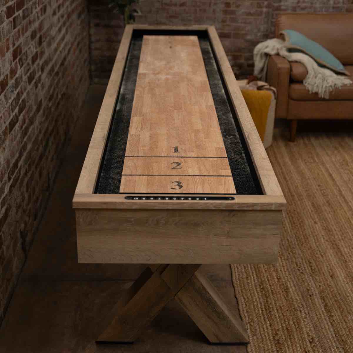 Condition photo showing New/Like New for American Legend LED shuffleboard with Buffet Top - Modern Style - Light Up LED Rails - Buffet Top with 2-Piece Leaf Design. 31.5'' H X 24'' W X 108'' L. With all accessories included, such as eight grey and black pucks, shuffleboard wax, and a table brush.  