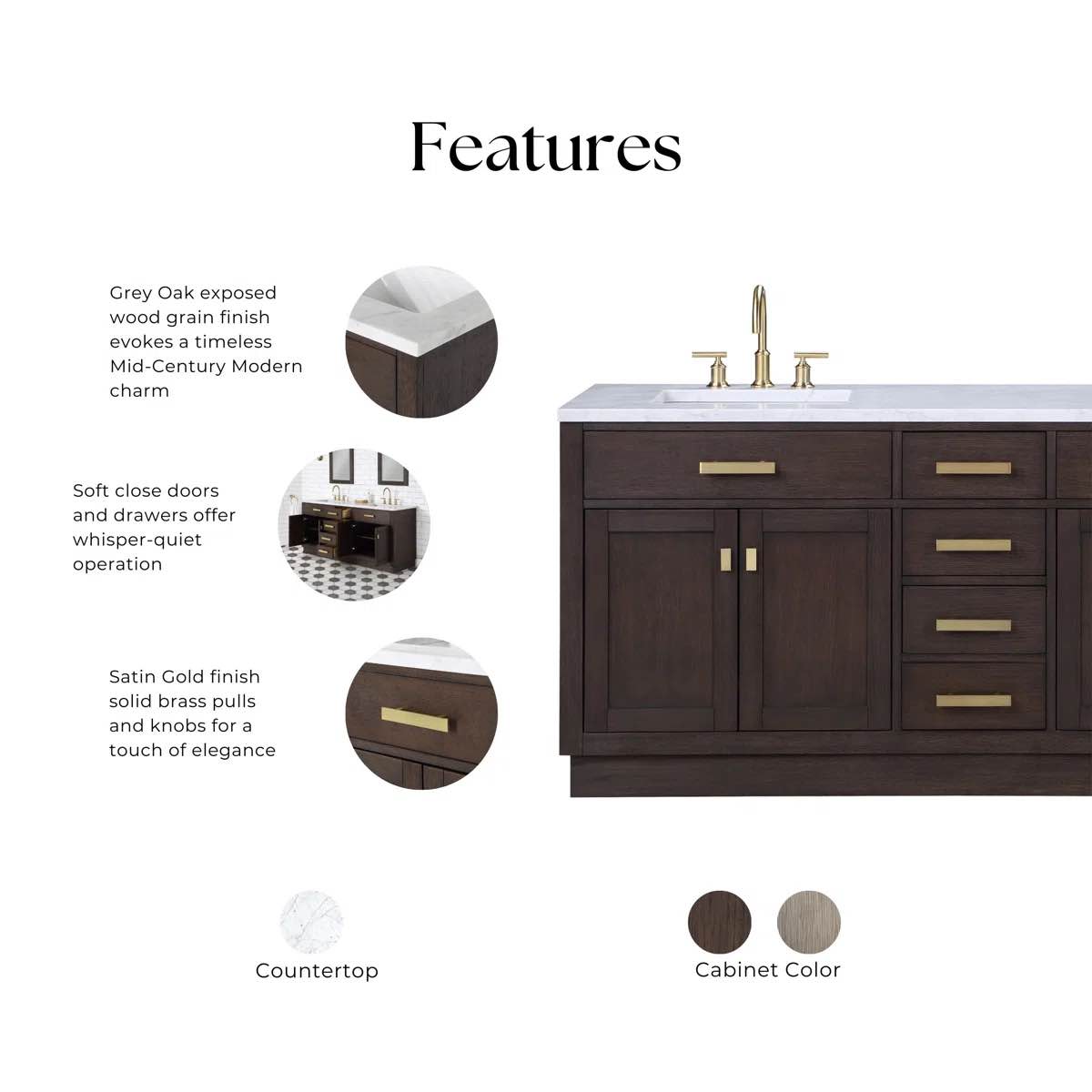 Condition photo showing New/Like New for Foosland Chestnut Brown Oak 72" Carrara White Marble Countertop Double Bath Vanity with 4 Drawers, 2 Single Shelf Cabinets, and Gold Brushed Brass Hardware. 34.2'' H X 72'' W X 22'' D