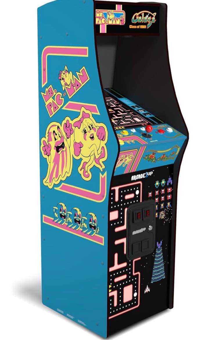 ARCADE1UP Class of 81’ Deluxe Arcade Machine for Home - 5 Feet Tall - 12 Classic Games. Ms. Pac-Man, Dig Dug, Galaga, Galaxian, Rompers, Mappy, and more! Dimensions: 22.44” D x 18.82” W x 61”H; Weight: 68 lbs 