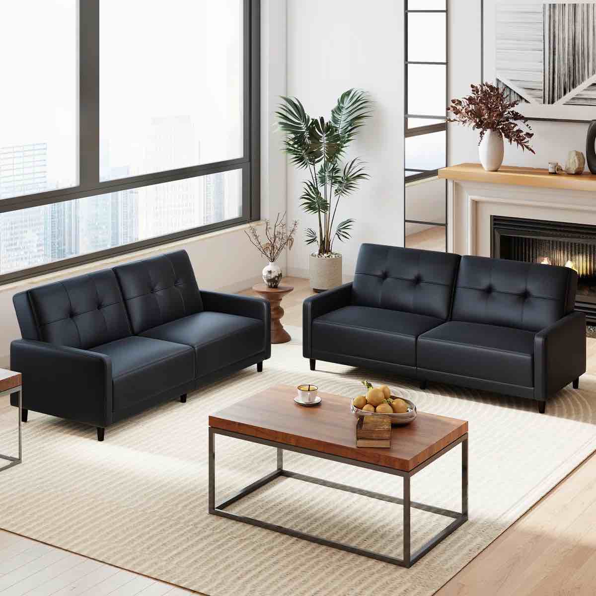 Loftus Twin 76'' Black Vegan Leather Tufted Convertible Sofa Set. 