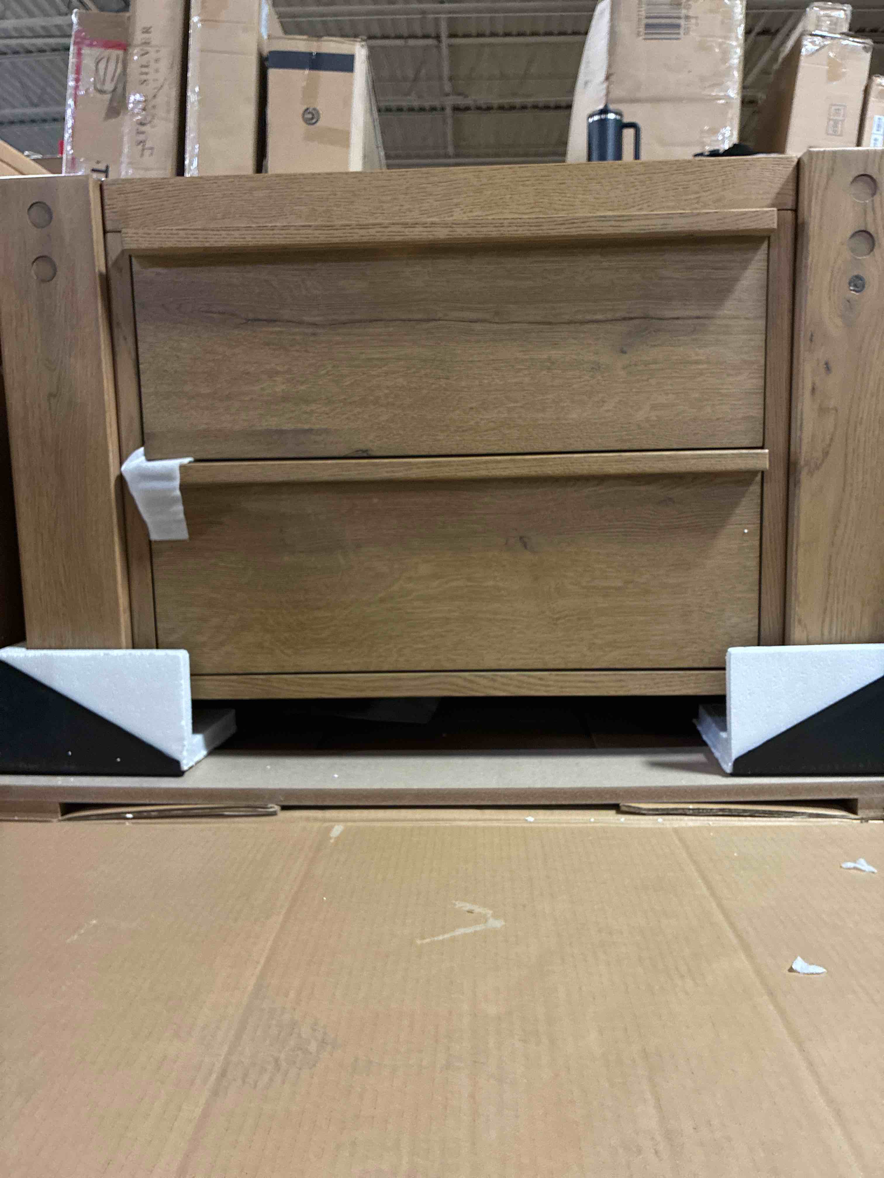 Condition photo showing New/Like New for Emmer Blonde Oak Wood Nightstand with 2 Drawers, Charging Station, and Wooden Handles. 36.00"w x 22.00"d x 23.00"h