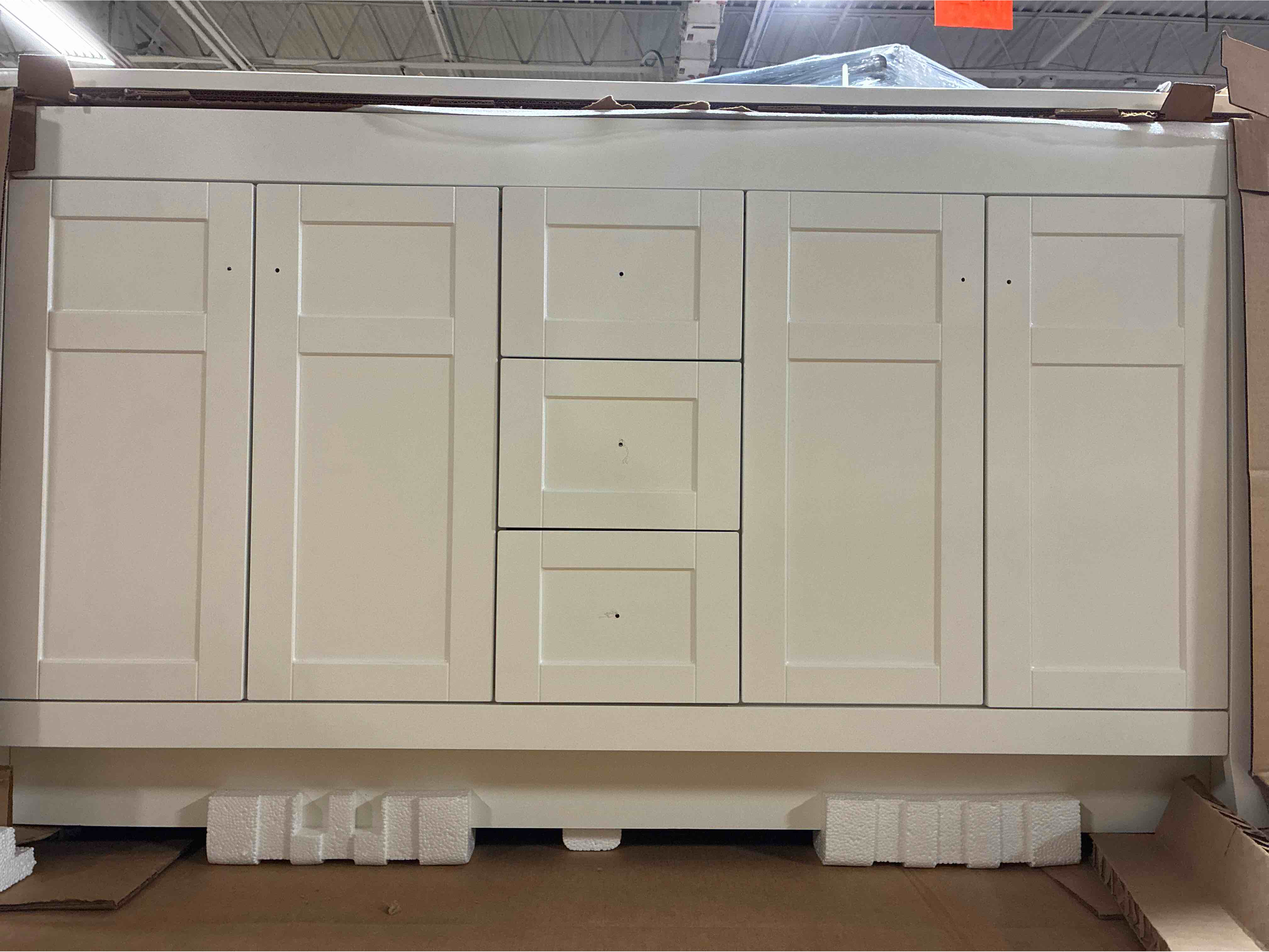 Condition photo showing New/Like New for 60.5" White Double Bathroom Vanity With 2 Cabinets, 3 Drawers, and Cultured White Marble Top. 35.21'' H X 60.5'' W X 18.75'' D