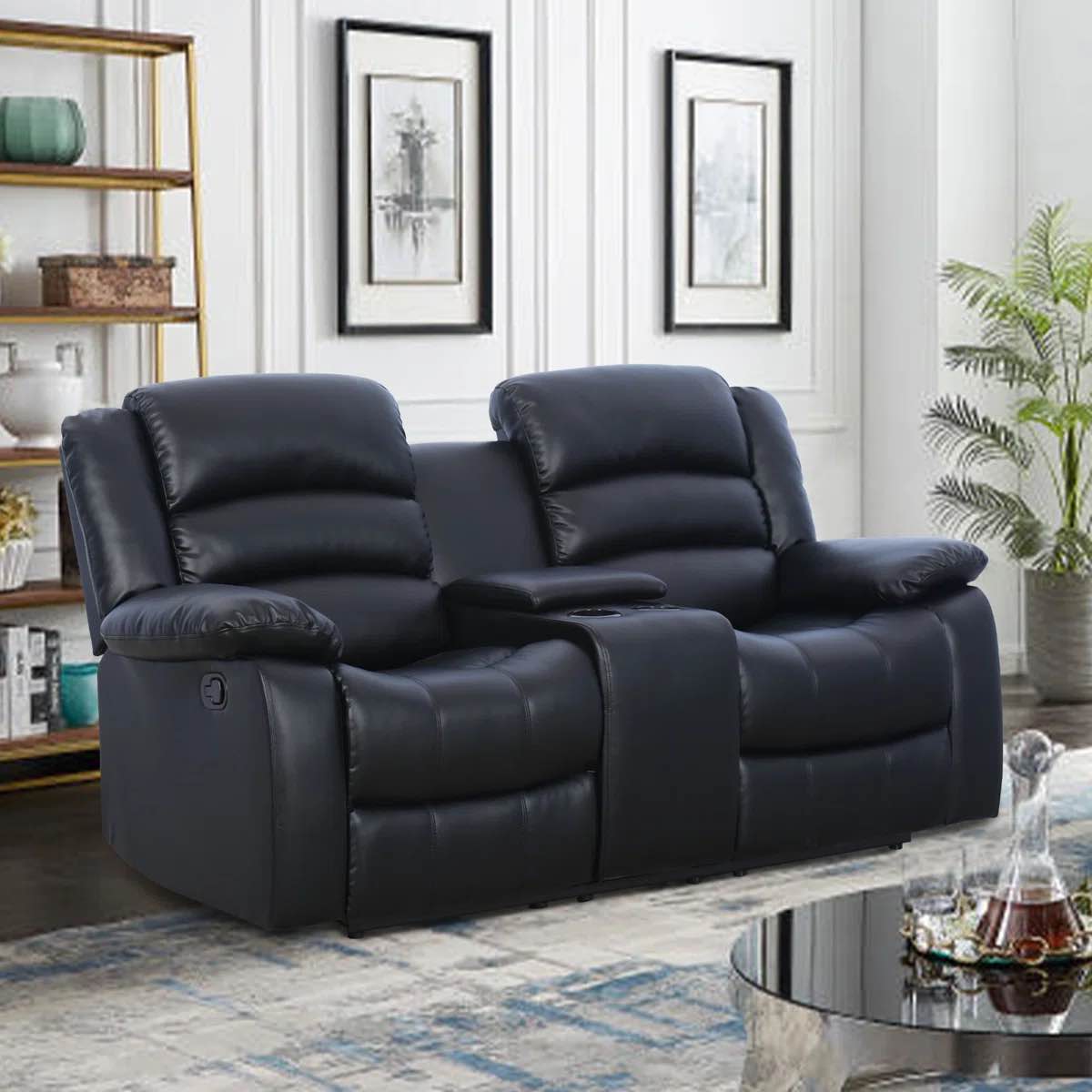 Emryn 71.7'' Wide Modern and Overstuffed Breathable Vegan Leather Manual Reclining Loveseat Sofa with Cup Holders and Storage Console. 39.8'' H X 71.7'' W X 35.4'' D
