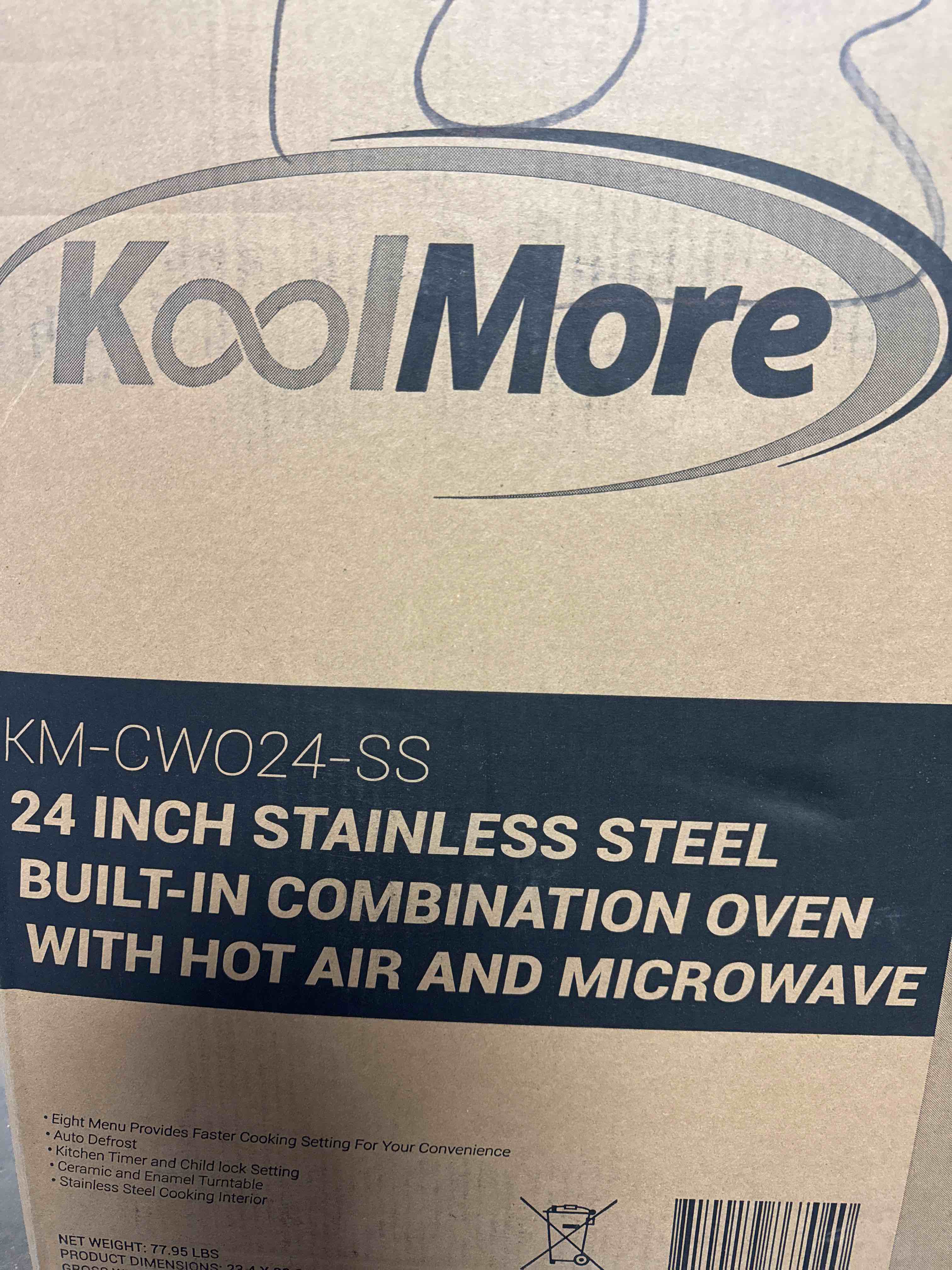 Condition photo showing Good Condition for KoolMore 24 Inch Built-in Convection Oven and Microwave Combination with Broil, Soft Close Door, 1000 Watt Power, Stainless Steel Finish, Touch Control LCD Display,  Dimensions: 23"x 22"x 18" Minor Dent On Top Center Of Unit. Inside And Front Exterior in Brand New Condition. 