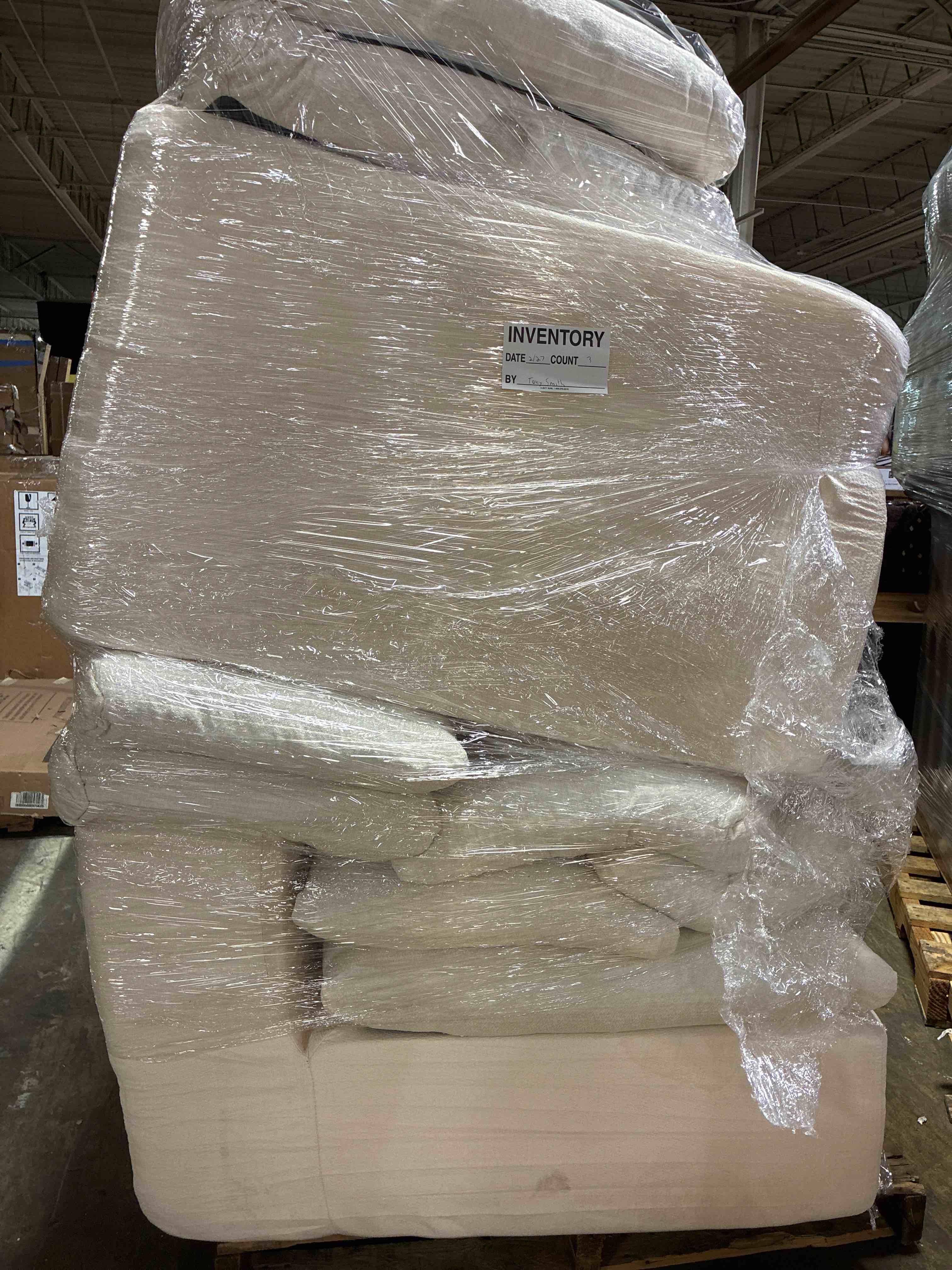 Condition photo showing Good Condition for 3 - Piece White Chenille Modular Sectional Sofa with Cushion Backing. Minor marks along sides. 32.6'' H X 116.1'' W X 42.1'' D