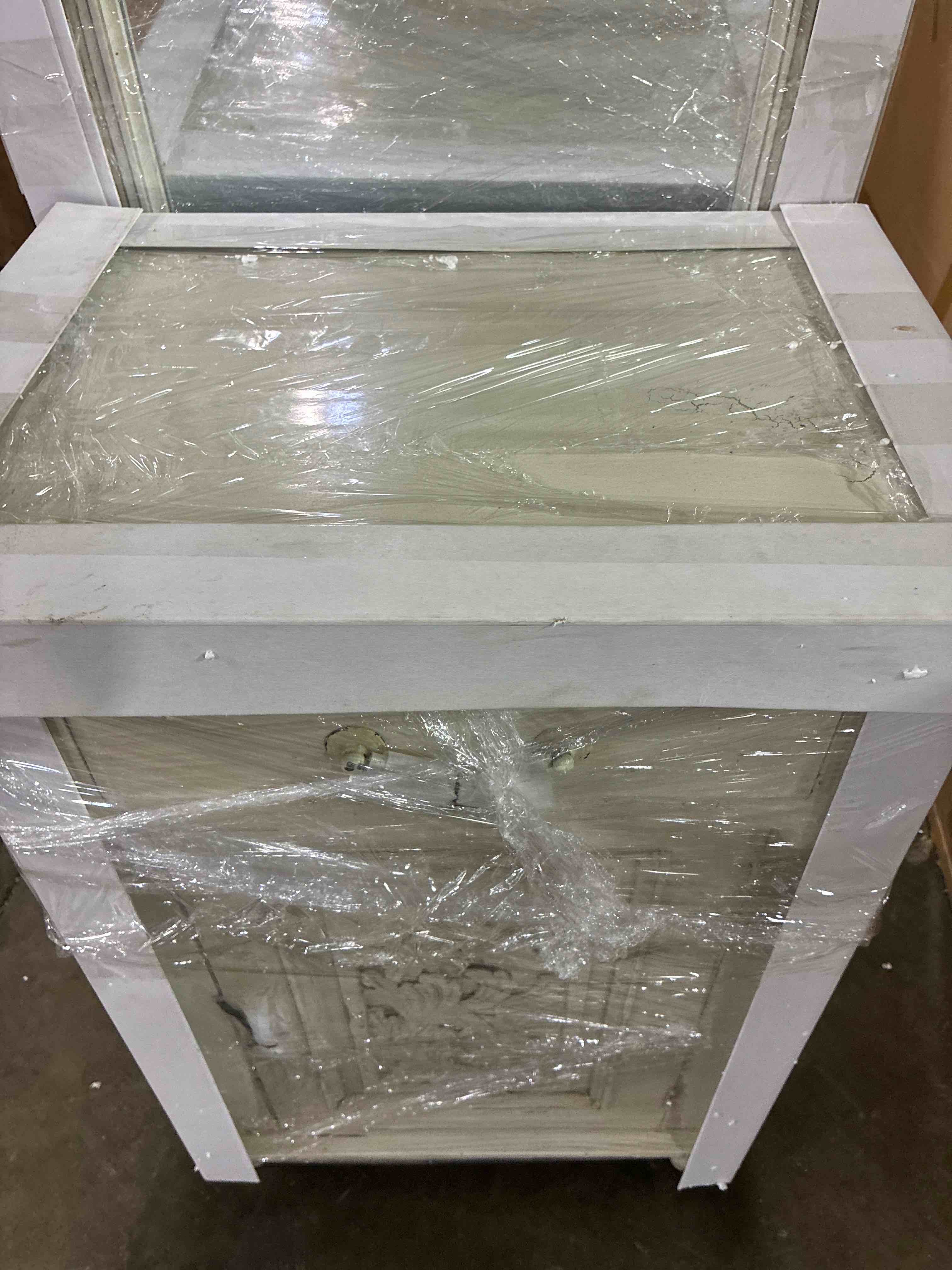 Condition photo showing Good Condition for Antique White Decoratively Hand Carved Carrol Hall Tree with Mirror, Cabinet, Drawer, Coat Hangers, and Distressed Handles. Minor cracking on top of bench, otherwise brand new. 20” W x 16” D x 82” H 
