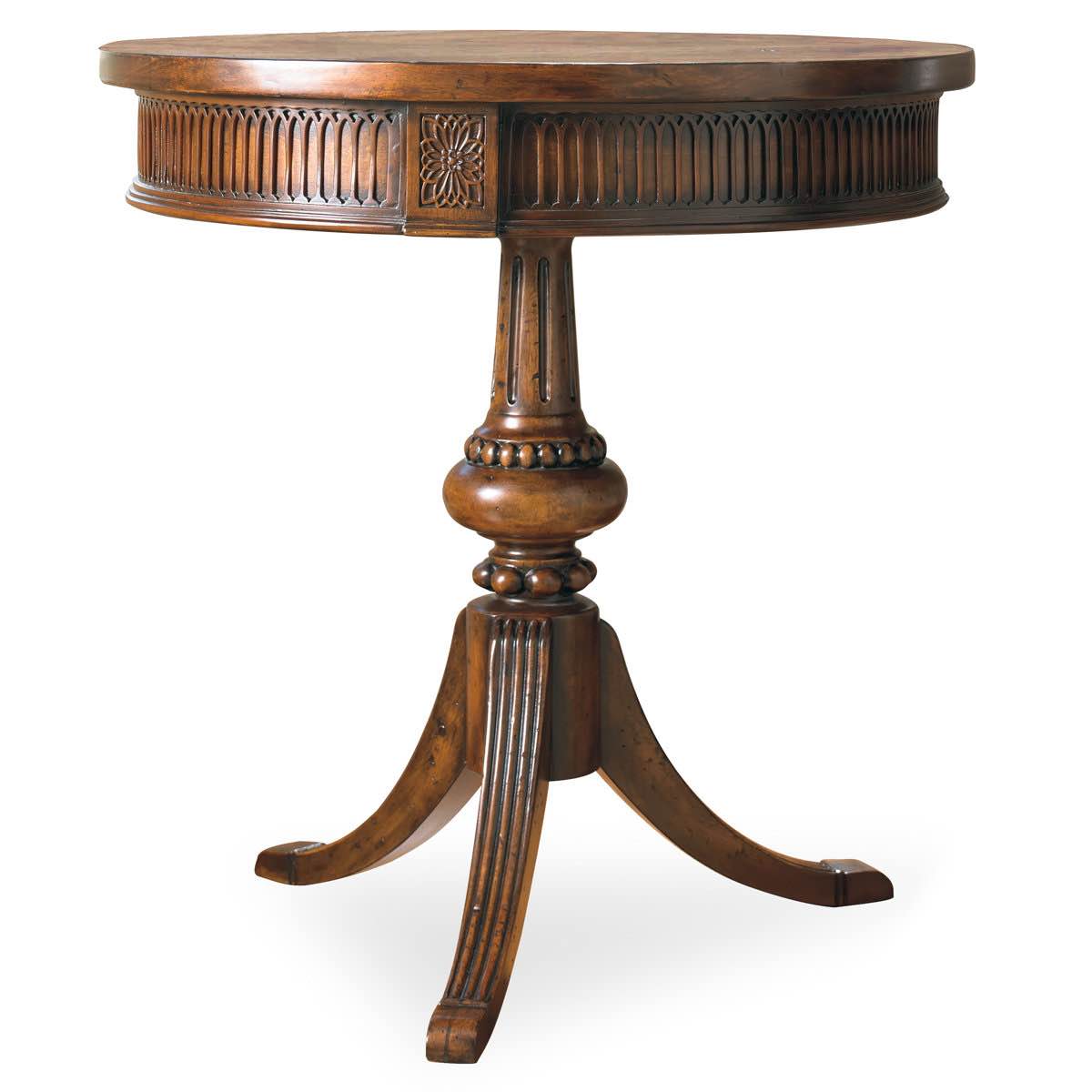 Condition photo showing New/Like New for Seven Seas Solid Wood Walnut Finish Round Pedestal Accent End Table. Overall Dimensions 26” H X 24'' W X 24'' D MINOR Wood Chipping Underneath Of TableTop. 