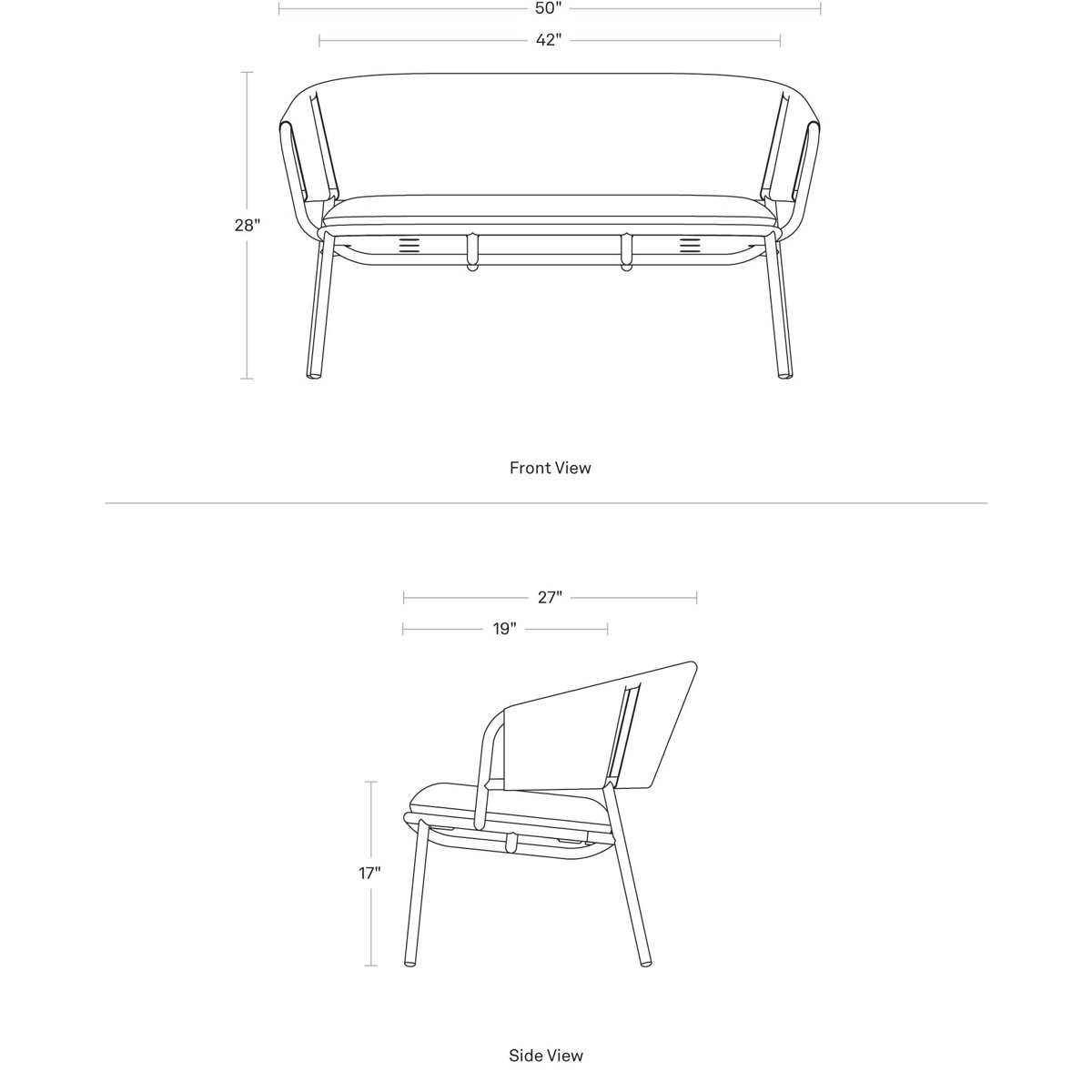 Condition photo showing New/Like New for Mate 50'' Wide Powder Coated Aluminum Loveseat with Toohey Charcoal Cushions Covered With Sunbrella Fabrics, Overall Dimensions 28'' H X 50'' W X 27'' D
