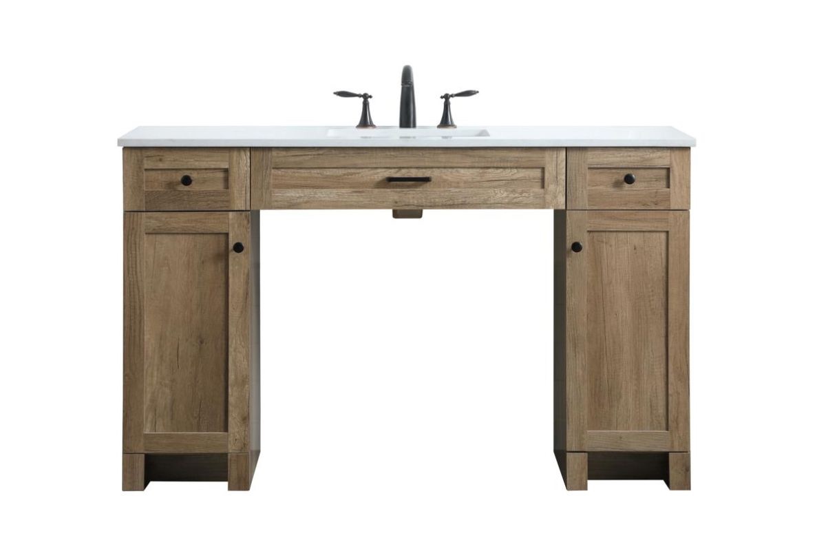 Condition photo showing New/Like New for Elegant ADA Compliant 54 In. Oak Wood Single Bathroom Vanity with 2 Open Space Cabinets, 3 Drawers, Matte Black Stainless Steel Knobs, and Carrara Stone Top. 34” H X 19” W X 54” D