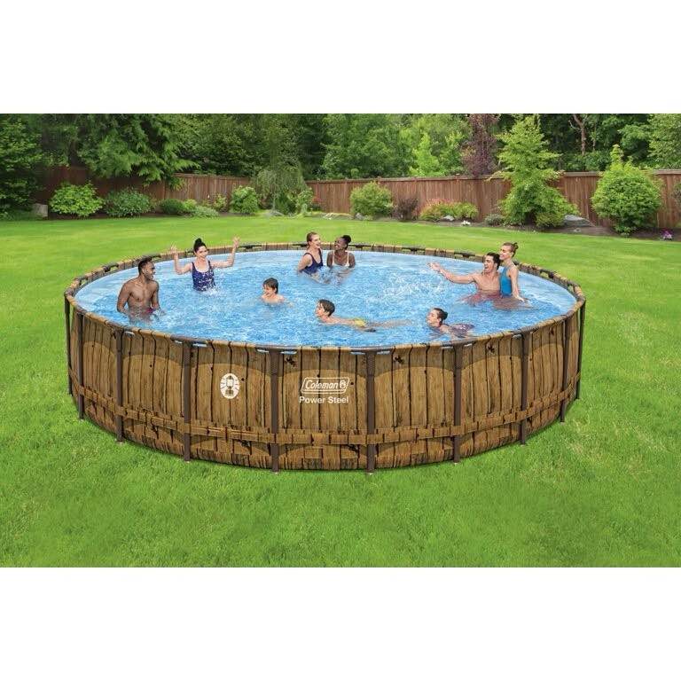 Coleman Power Steel Wood Themed 22  x 52  Round Metal Frame Above Ground Pool Set. Gently used, filters need purchased, otherwise all accessories and pool in quality condition. 