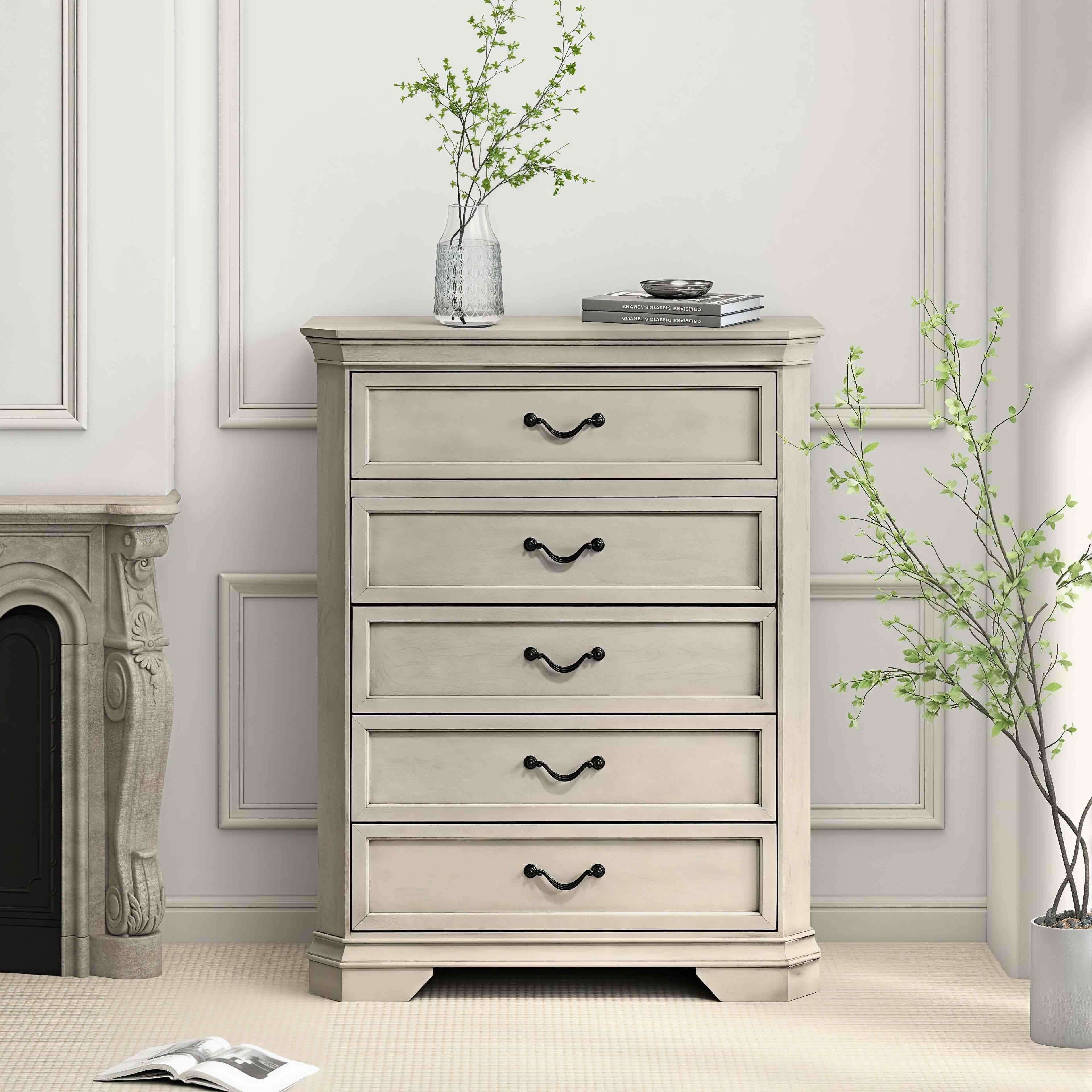 roundhill furniture maderne traditional wood 5-drawer chest, some damage to bottom drawer, paint chipping in middle front, otherwise quality dresser. 