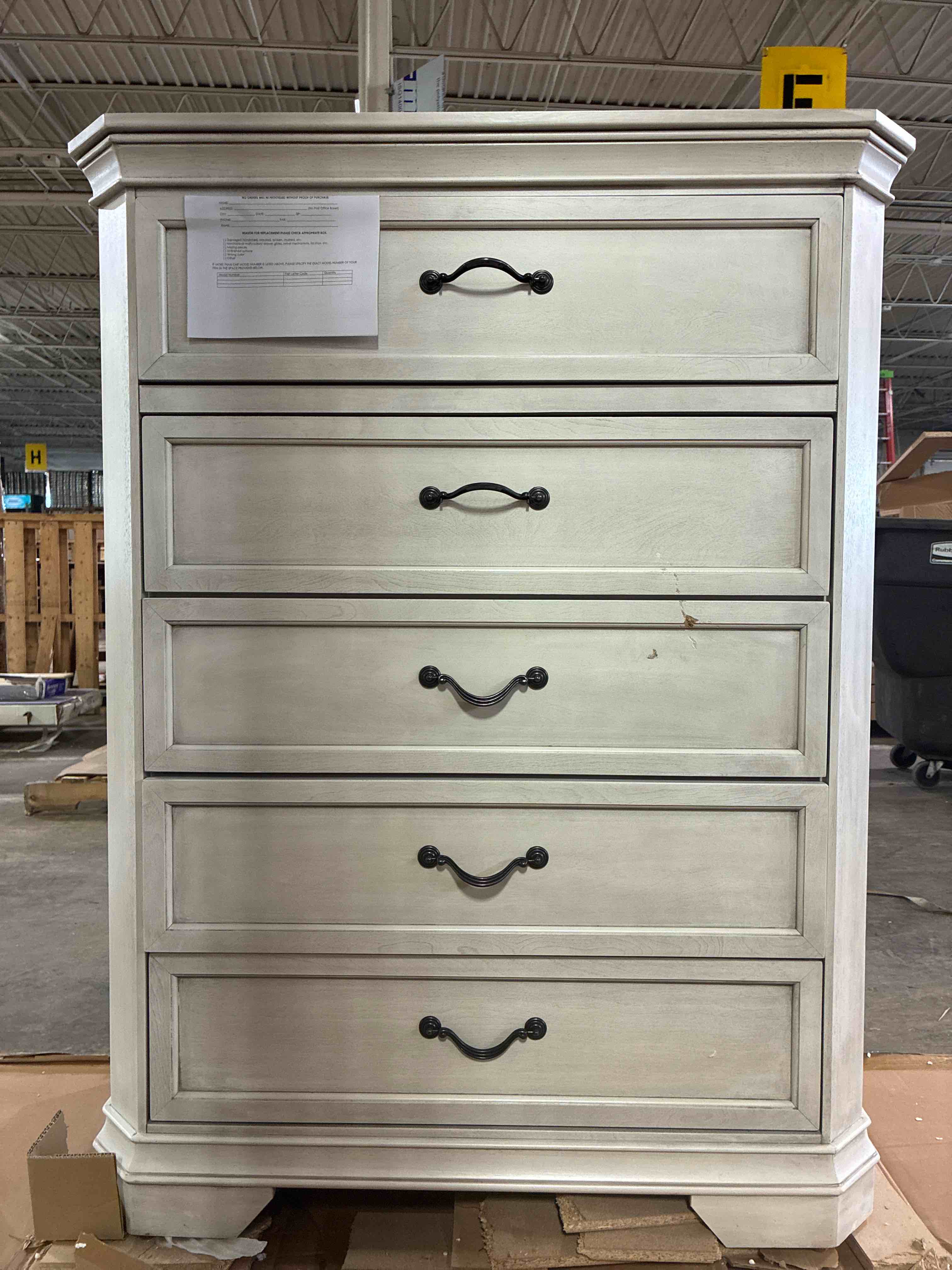 Condition photo showing Good Condition for roundhill furniture maderne traditional wood 5-drawer chest, some damage to bottom drawer, paint chipping in middle front, otherwise quality dresser.