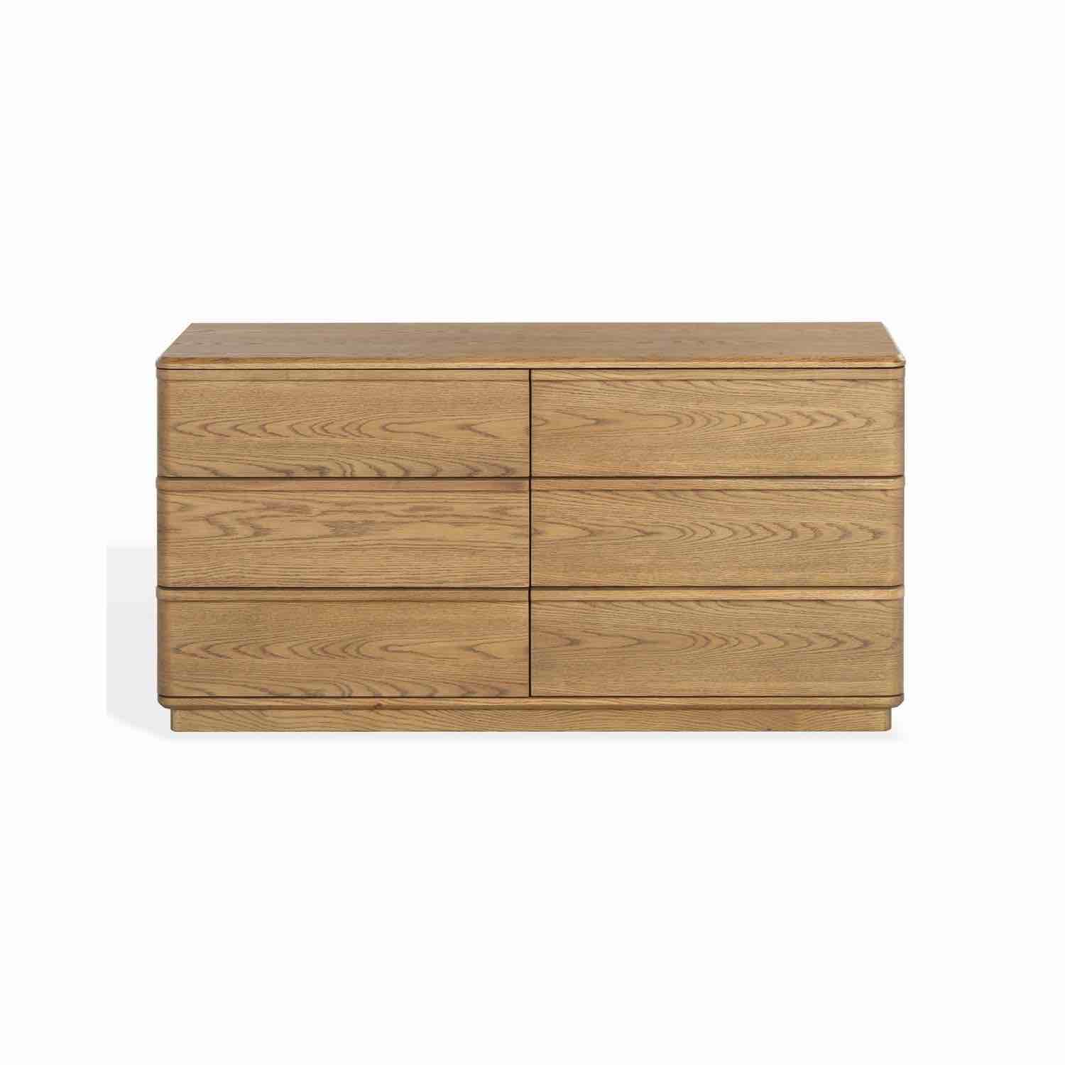 Condition photo showing New/Like New for guillermo 6 drawer wood dresser - natural- small chip on top left corner (pictured) 59” x 19” x 31”