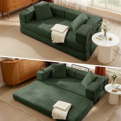 Condition photo showing New/Like New for green corduroy 81''convertible sofa bed, folding floor couch with square armrest, comfy sleeper mattress for living room (needs cleaned/frame sold separately) 40.9” x 27.5” x 80.7”