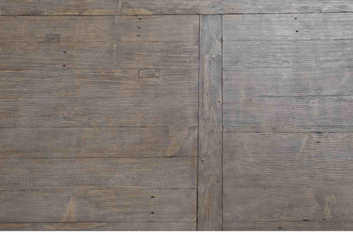 Condition photo showing As Is for dalton reclaimed pine 84” distressed brown dining table, (table top only), table dimensions 84”l x 39.25”w, visible surface scuffs on tabletop, purely cosmetic and does not affect use.