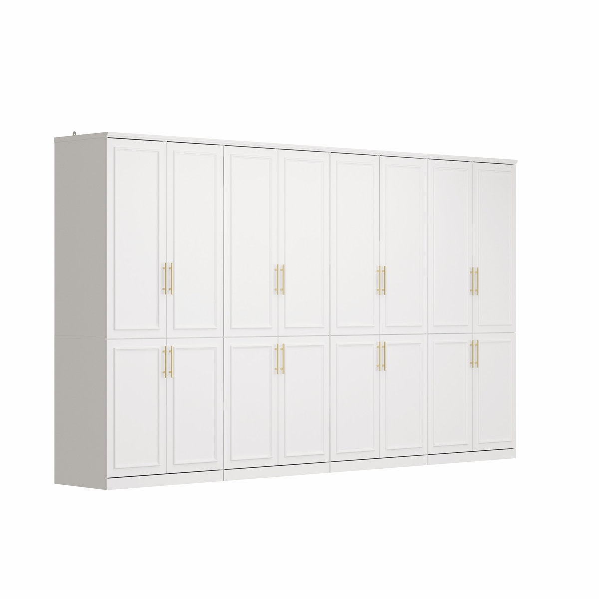 milen armoire in white with gold finished hardware, 16 hinged doors, 4 integrated clothing rods, multiple interior shelves, solid and engineered wood construction, overall dimensions 74.8'' h x 126.8'' w x 19.3'' d, (2 boxes total)